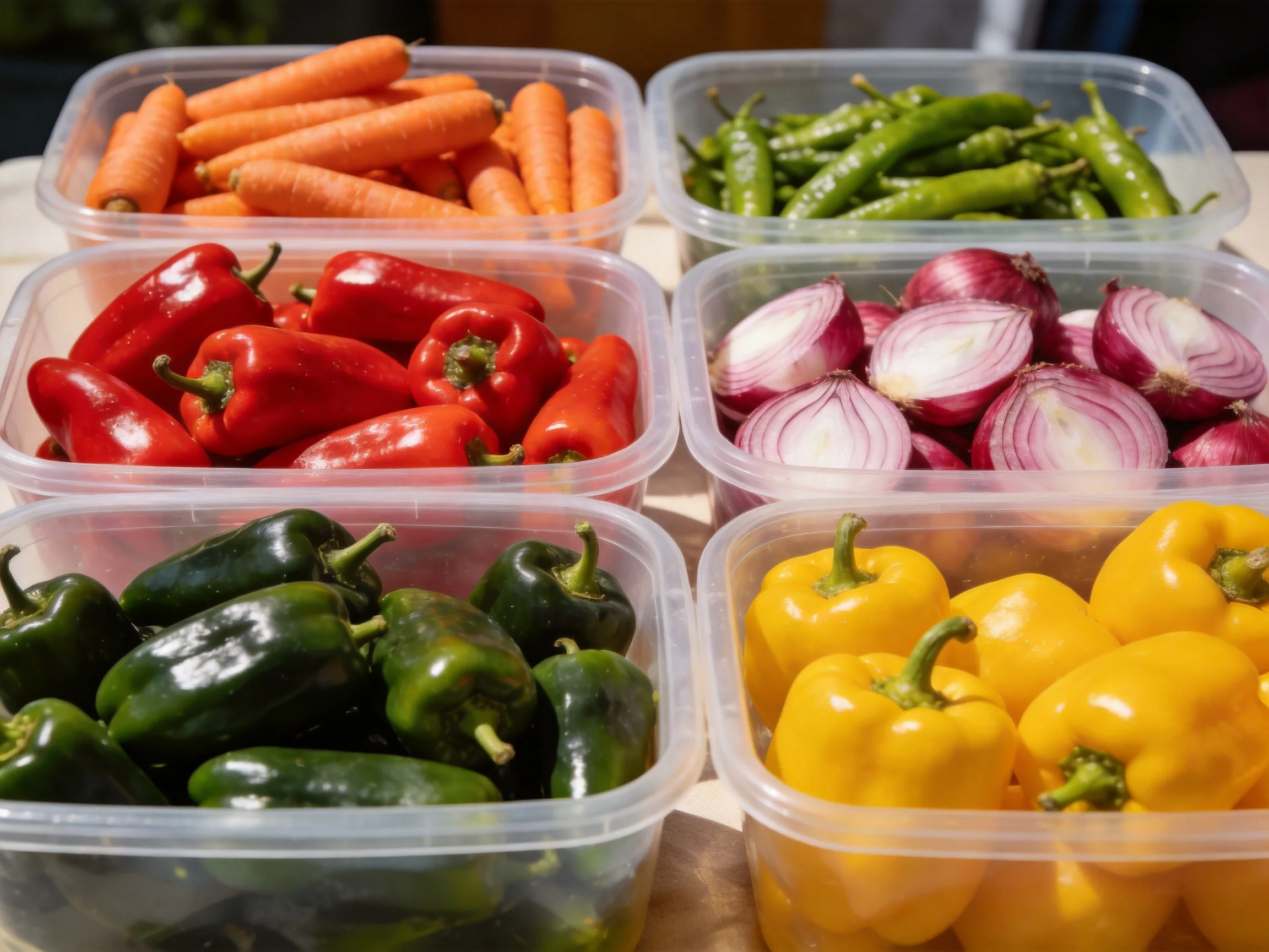 Six clear containers hold assorted colorful fresh vegetables