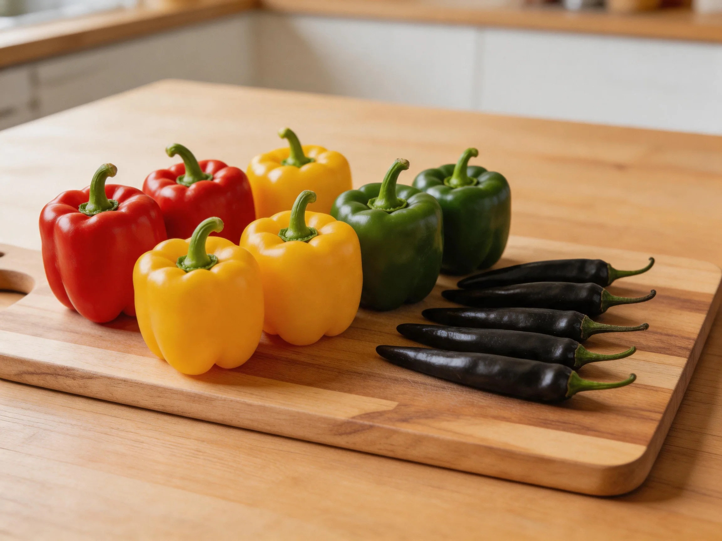 Six colorful bell peppers and five dark chilies arranged on a wooden cutting board