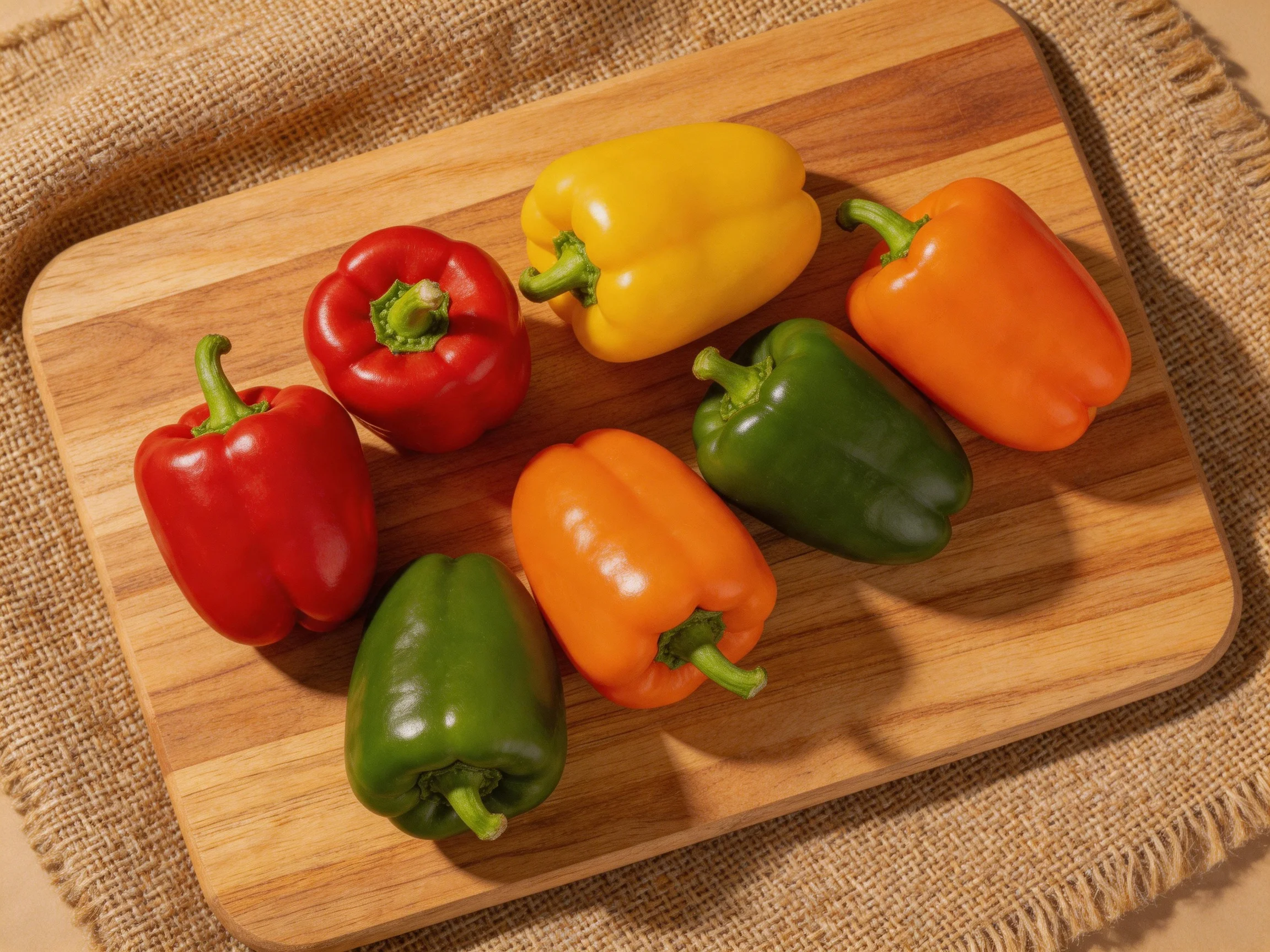 Six colorful bell peppers arranged on a wooden cutting board