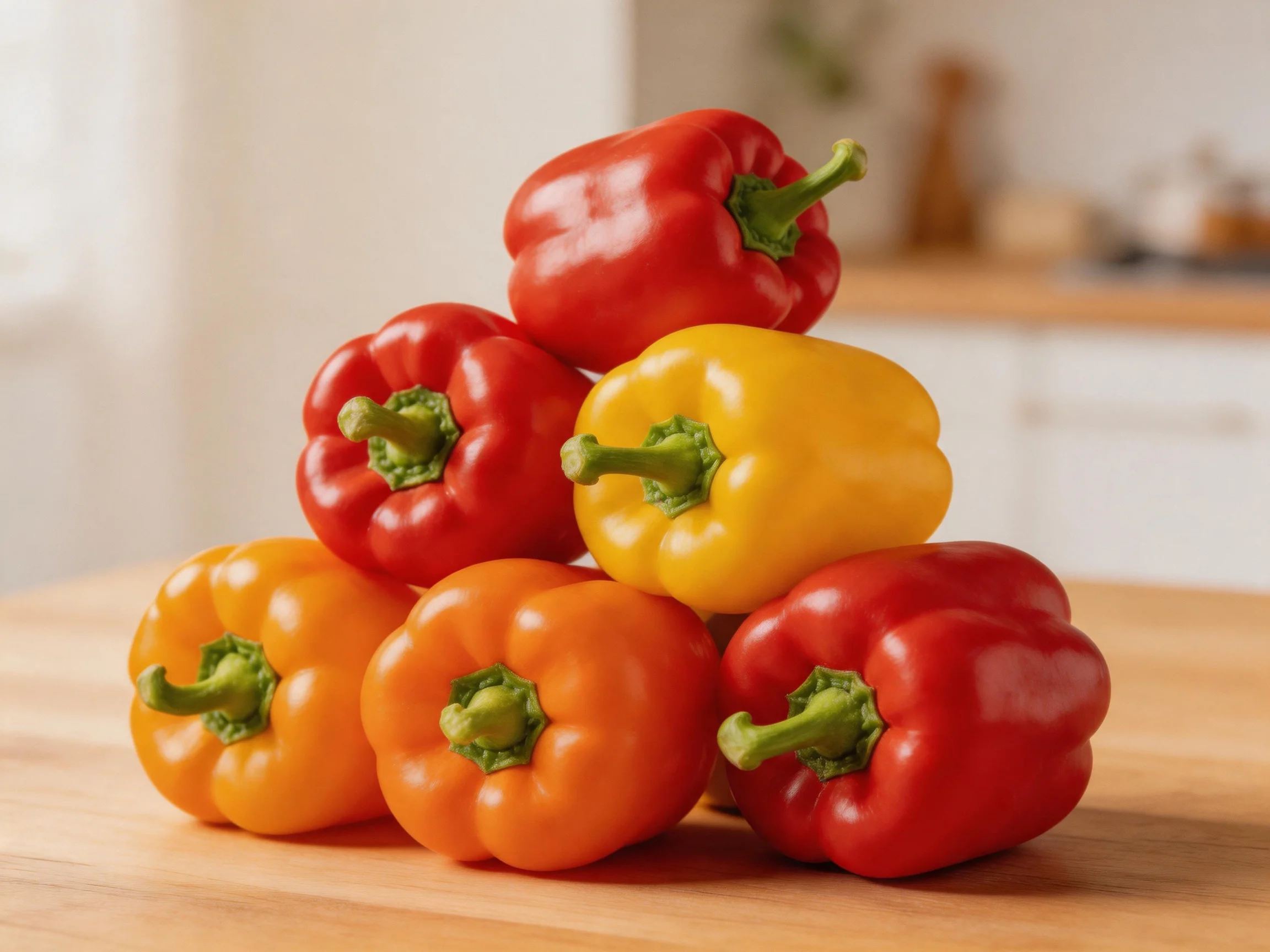 Six colorful bell peppers stacked in a pyramid on a wooden table