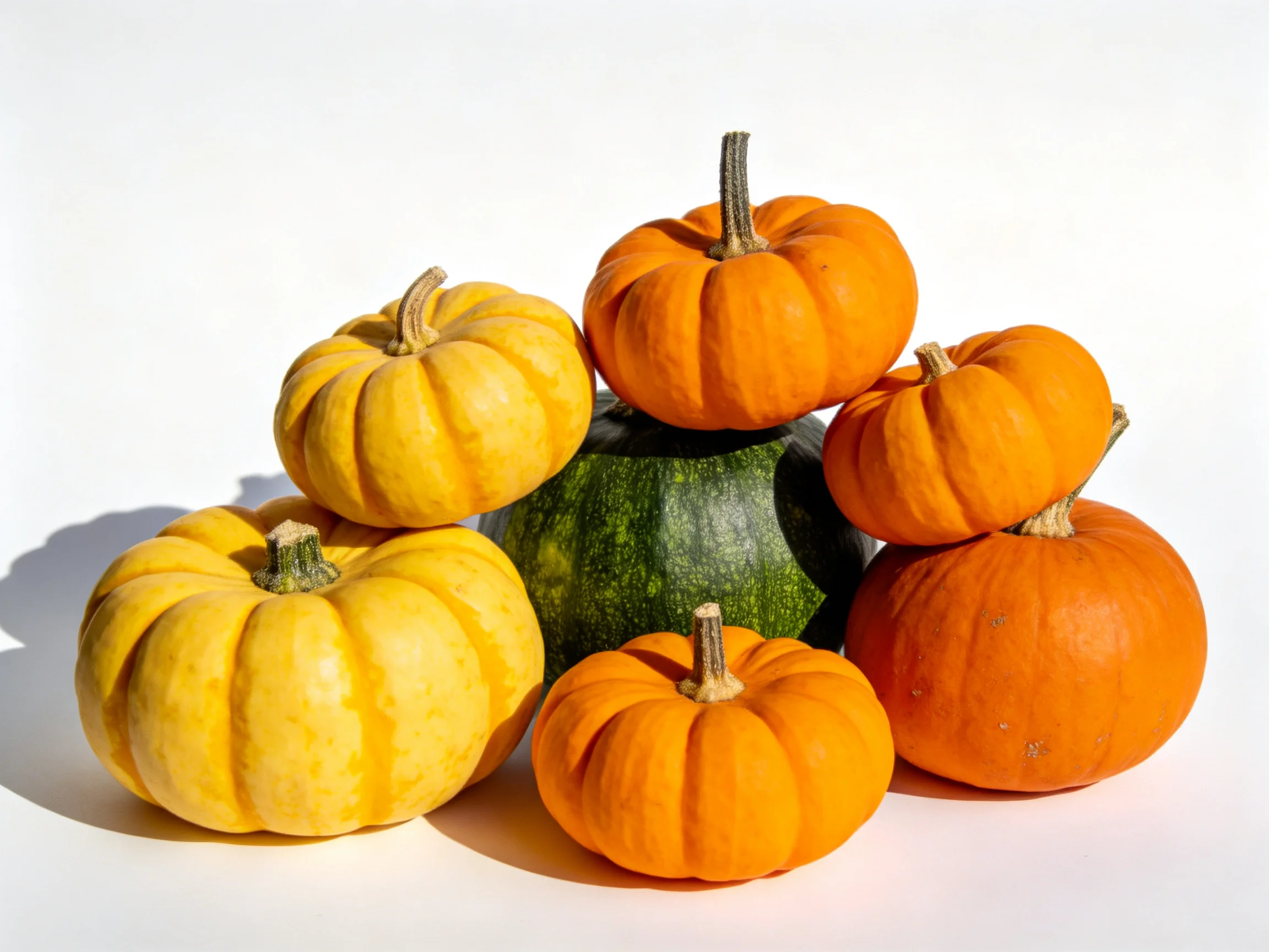Six colorful mini pumpkins and one green gourd arranged on a white surface