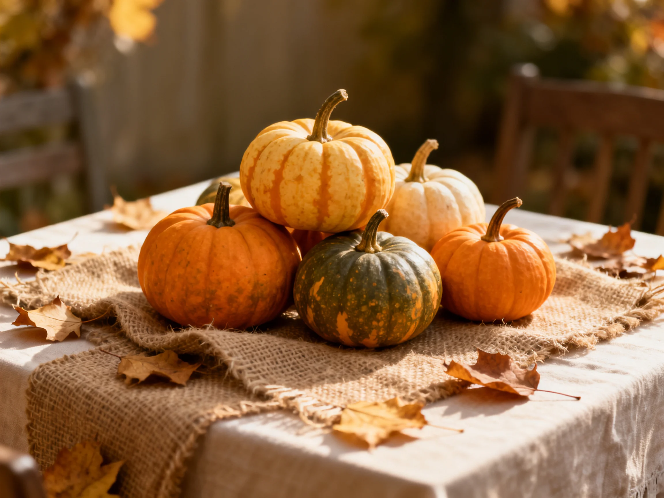 Six colorful mini pumpkins arranged on burlap with autumn leaves