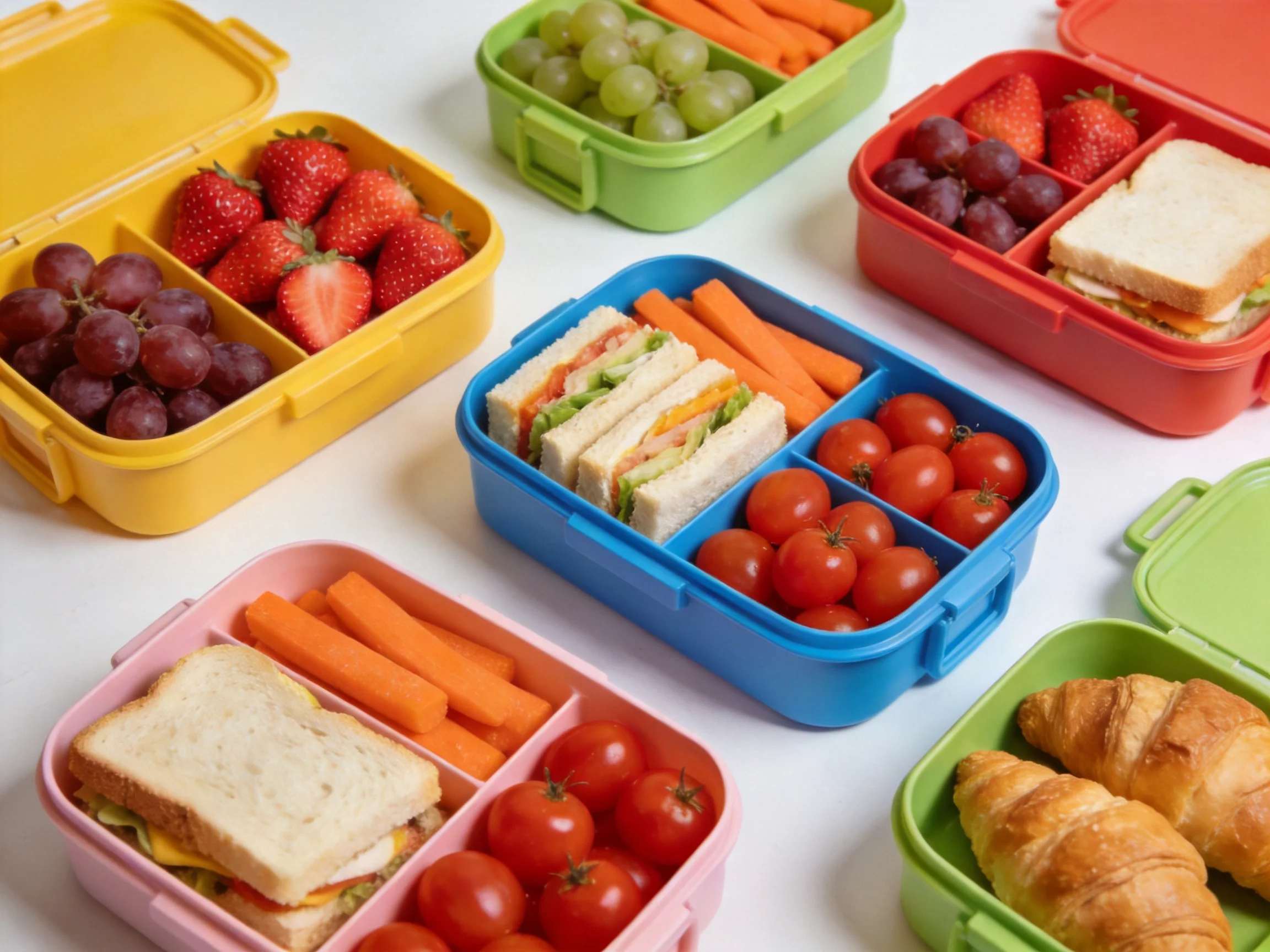 Six colorful plastic lunchboxes holding sandwiches, fruits, and vegetables