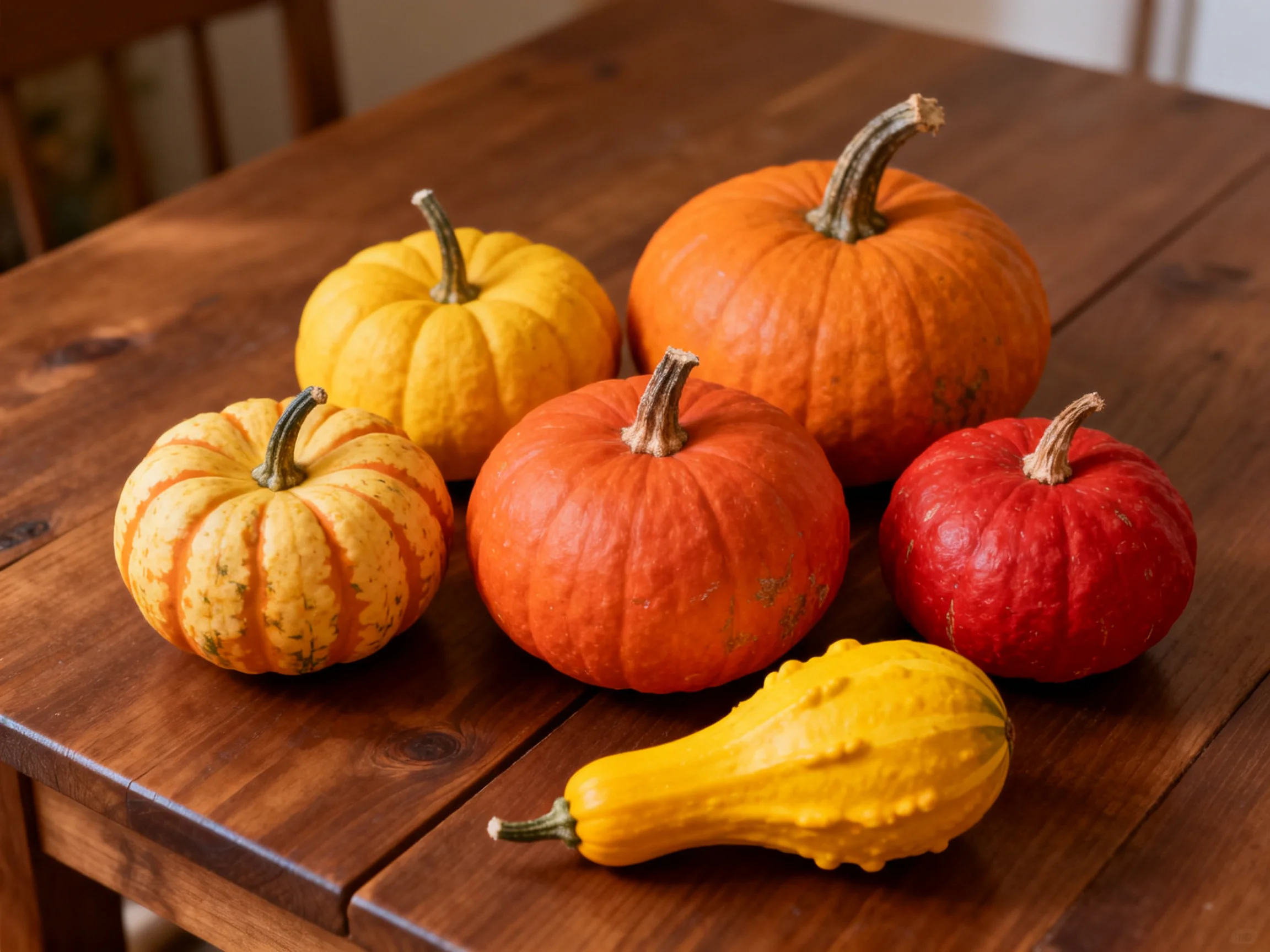Six colorful pumpkins and a gourd displayed on a polished wooden table