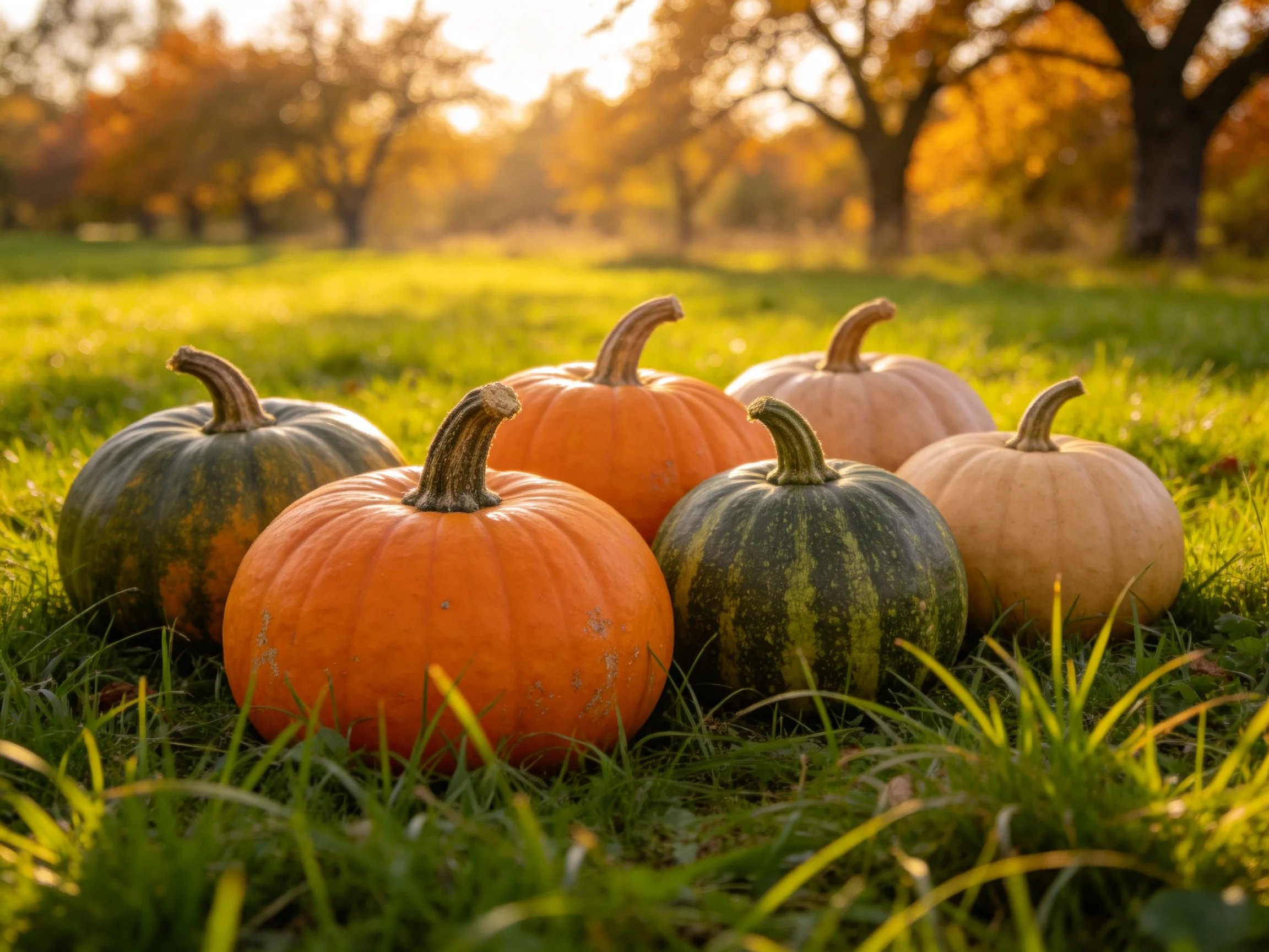 Six colorful pumpkins arranged on sunlit grassy field with autumn trees