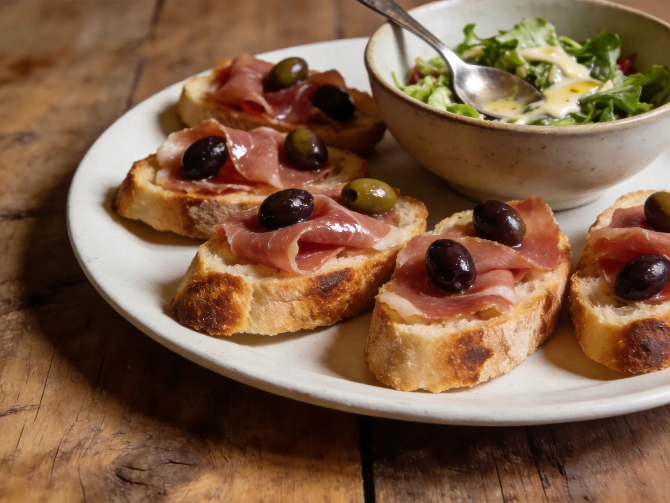 Six crostini slices with prosciutto and olives beside a green salad bowl