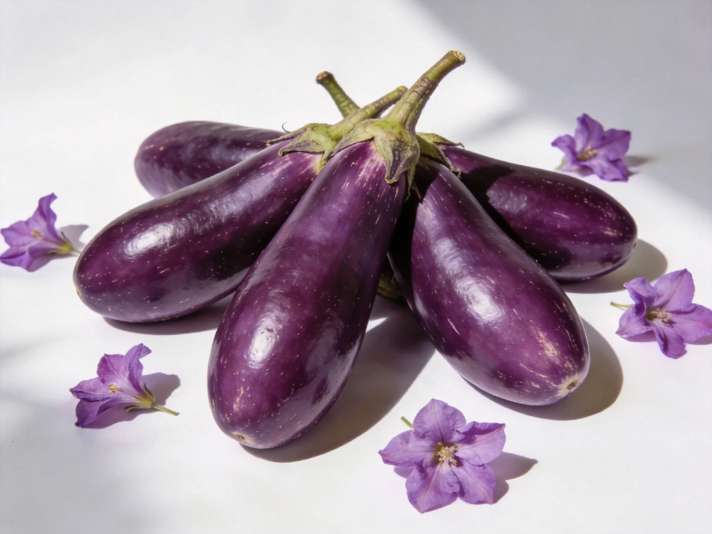 Six dark purple eggplants clustered with five purple flowers on a white surface