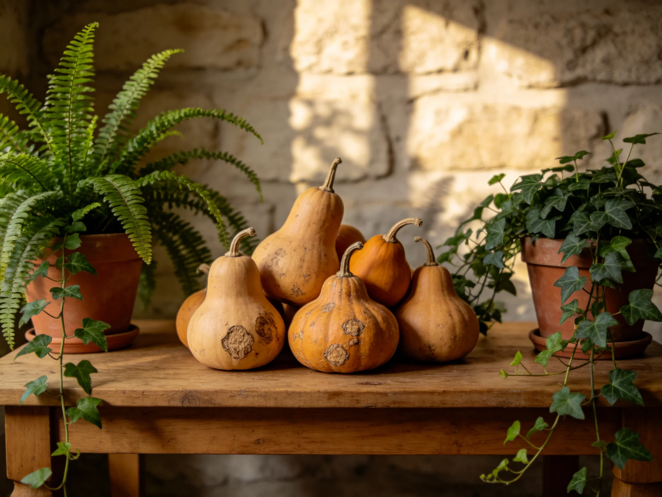 Six earth-toned gourds on a wooden table with two potted plants
