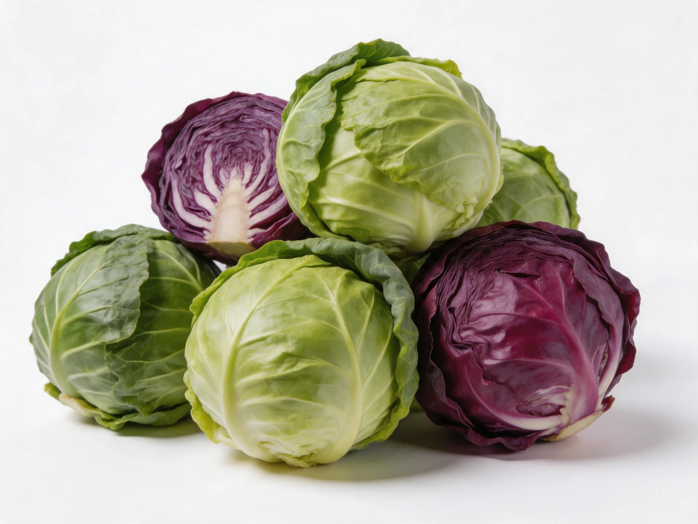 Six fresh cabbages, including green and purple varieties, arranged on a white surface