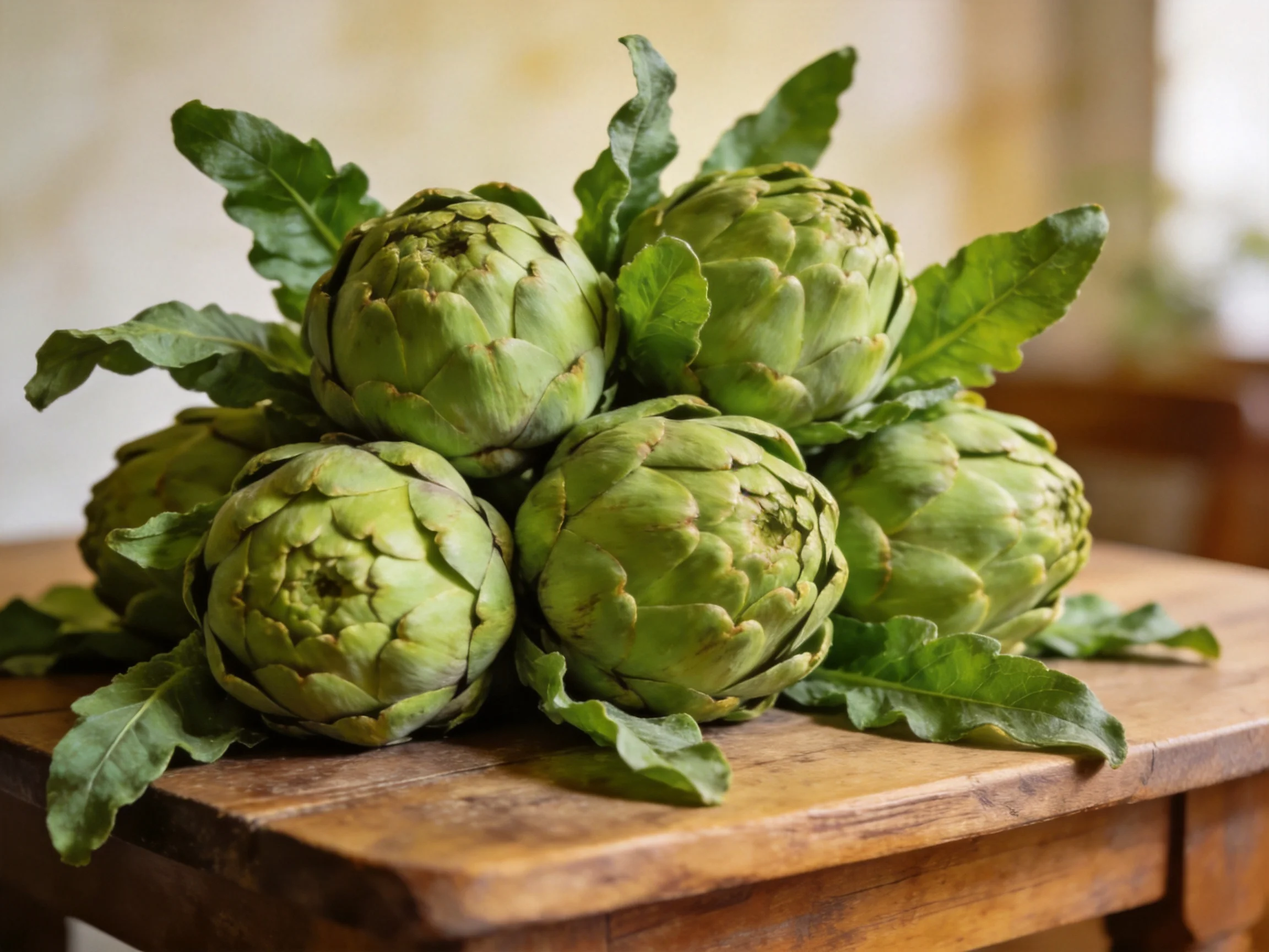 Six fresh green artichokes arranged on a wooden table