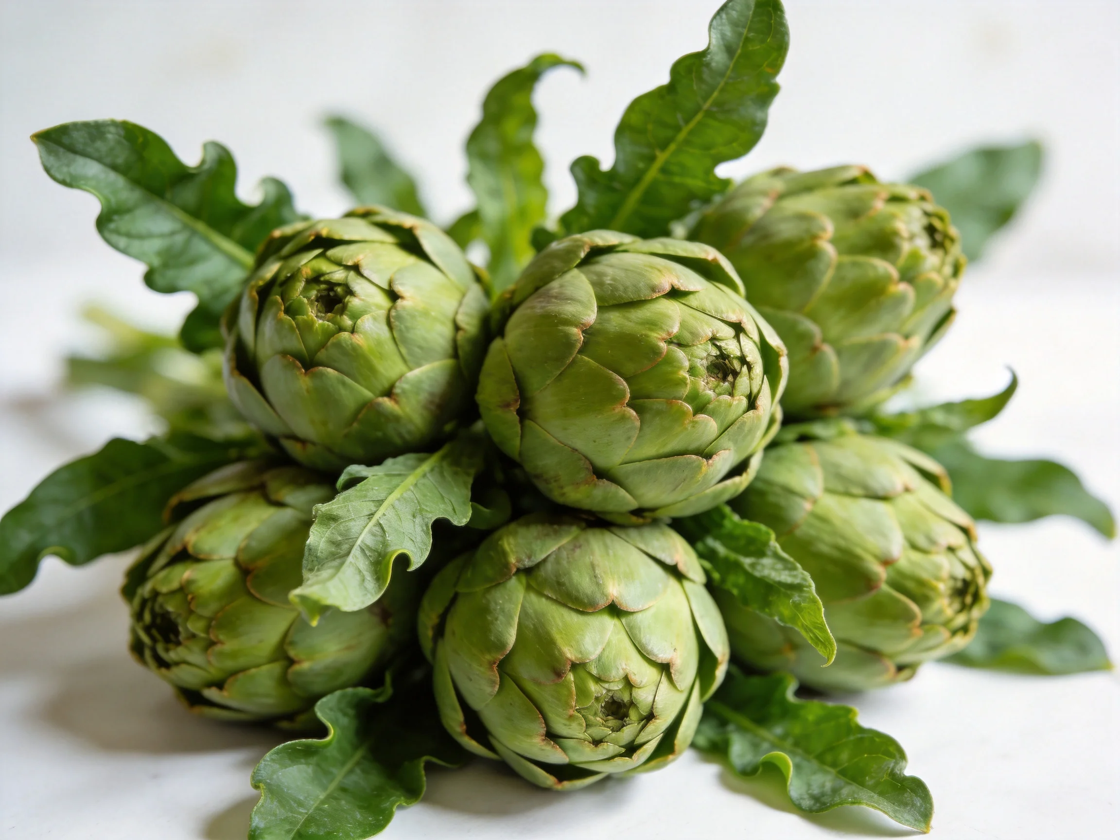 Six fresh green artichokes clustered with broad leaves