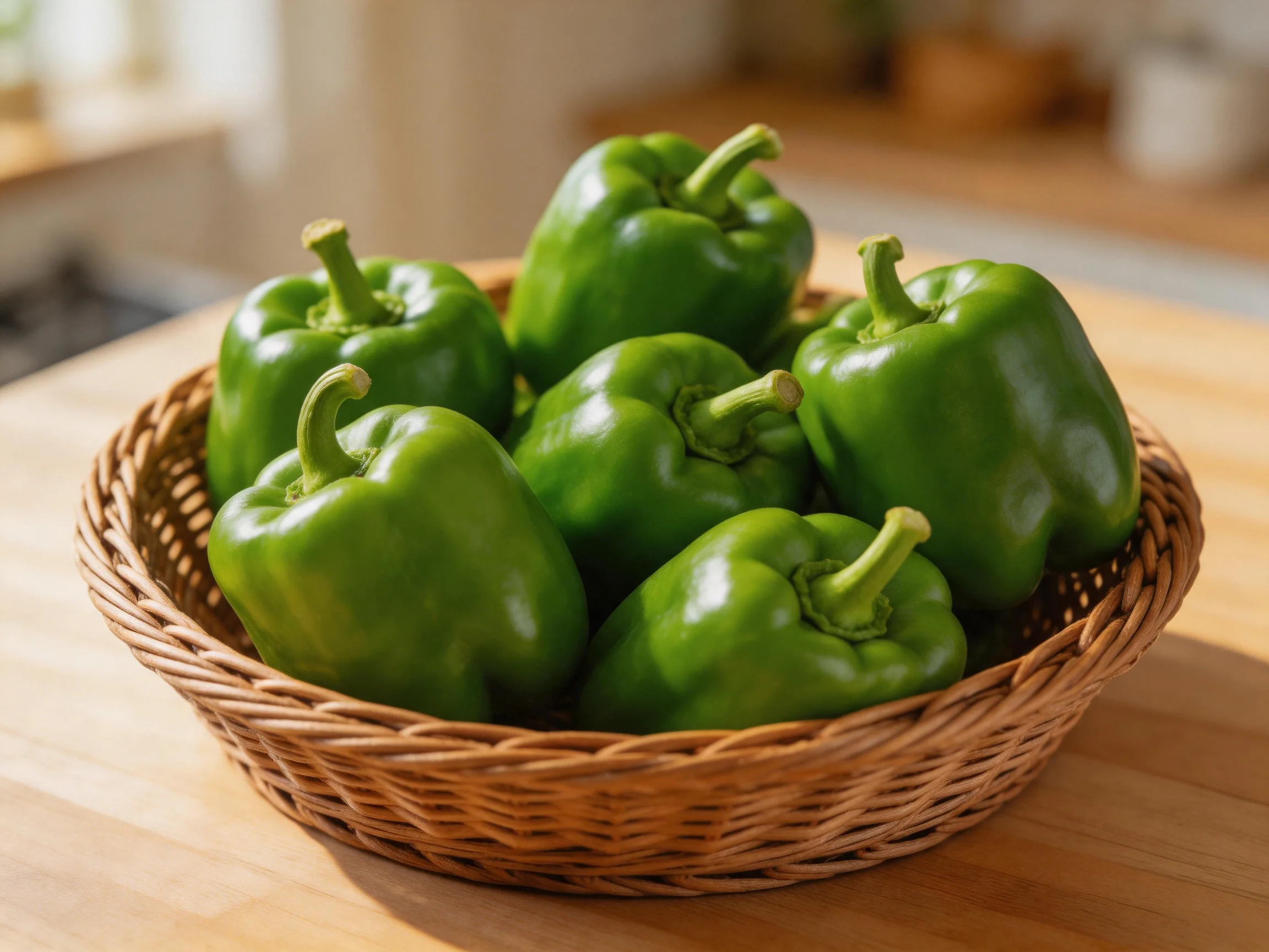 Six fresh green bell peppers in a woven wicker basket on a wooden table