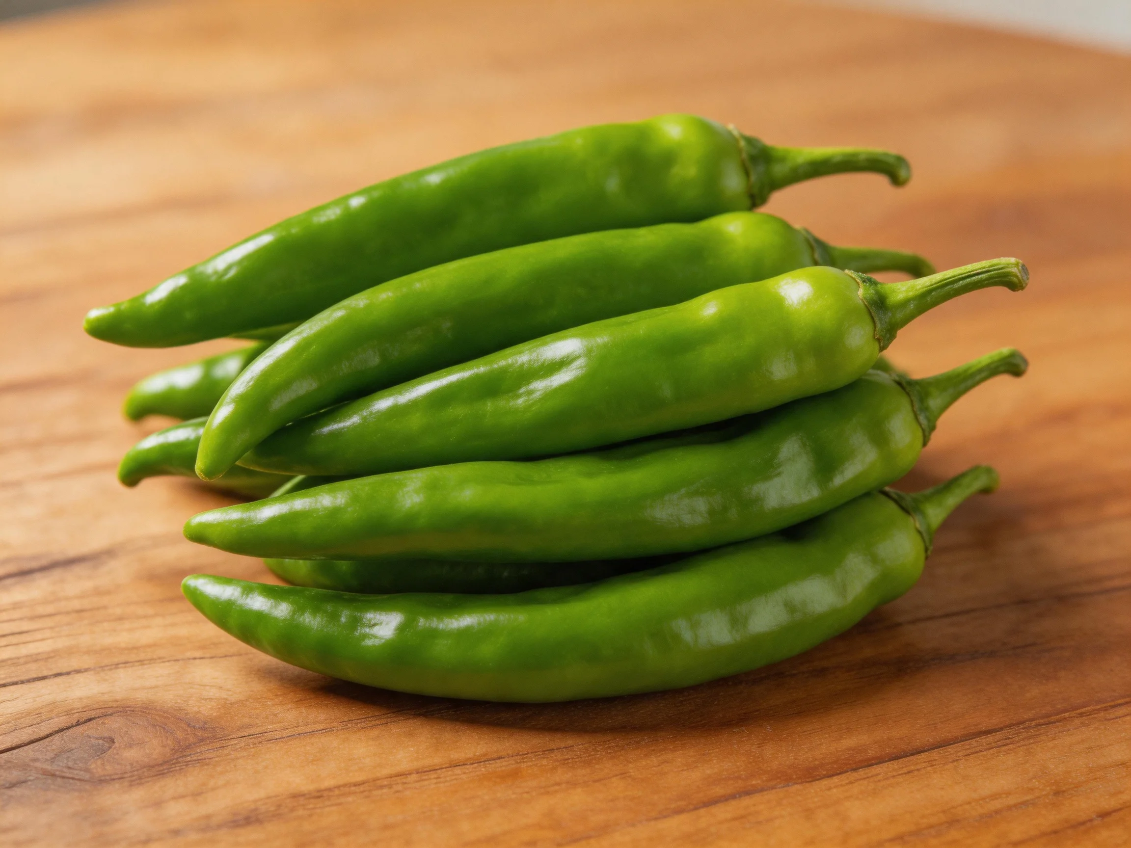 Six fresh green chili peppers arranged on a wooden cutting board