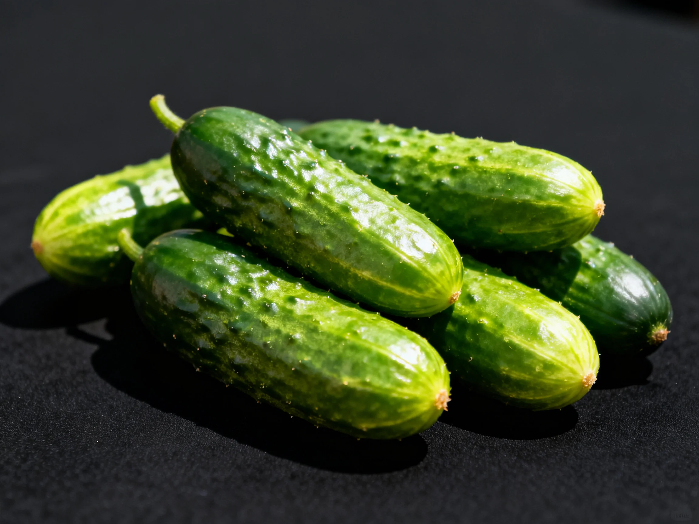 Six fresh green cucumbers arranged on a dark surface
