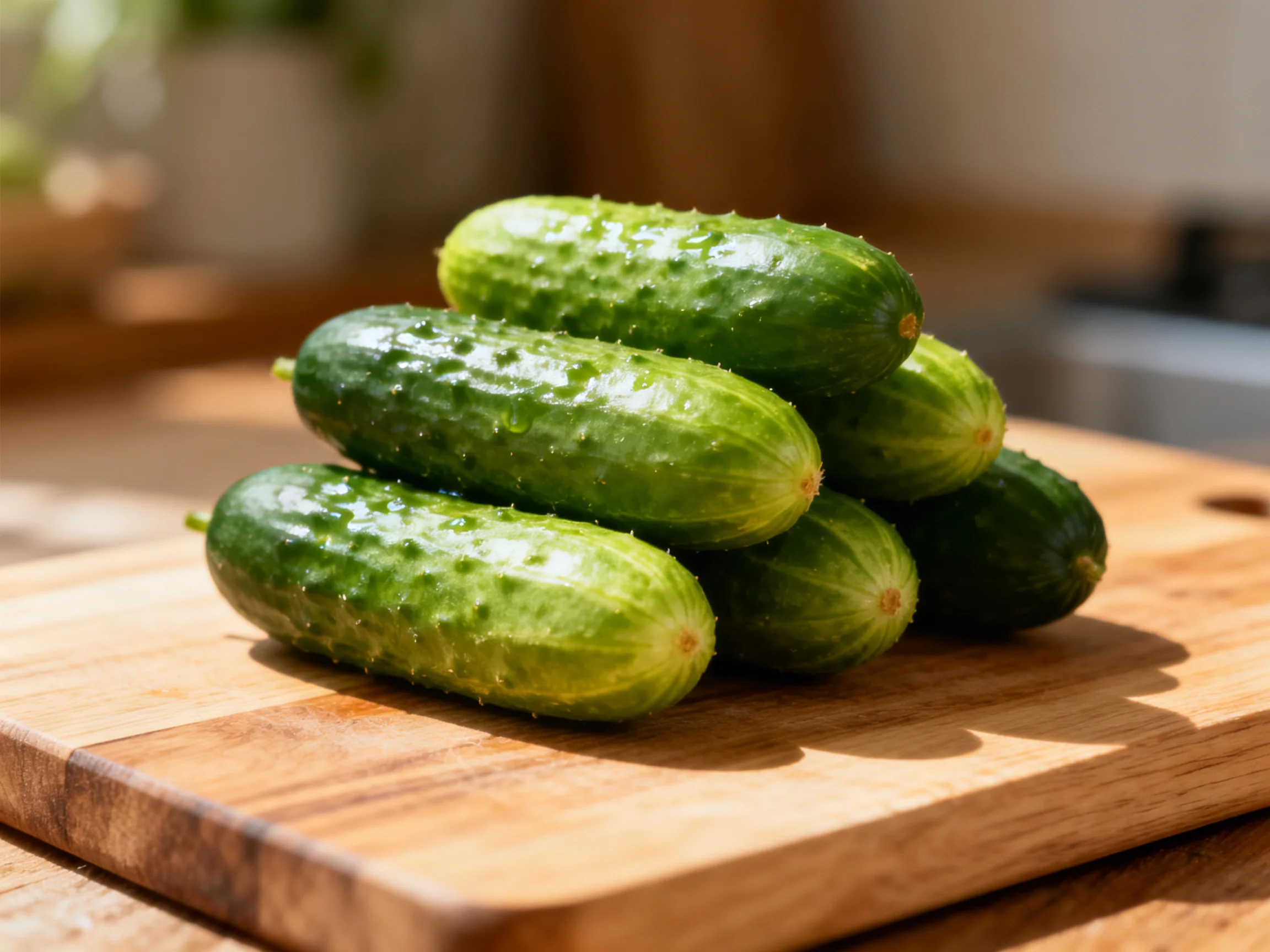 Six fresh green cucumbers stacked on a wooden cutting board