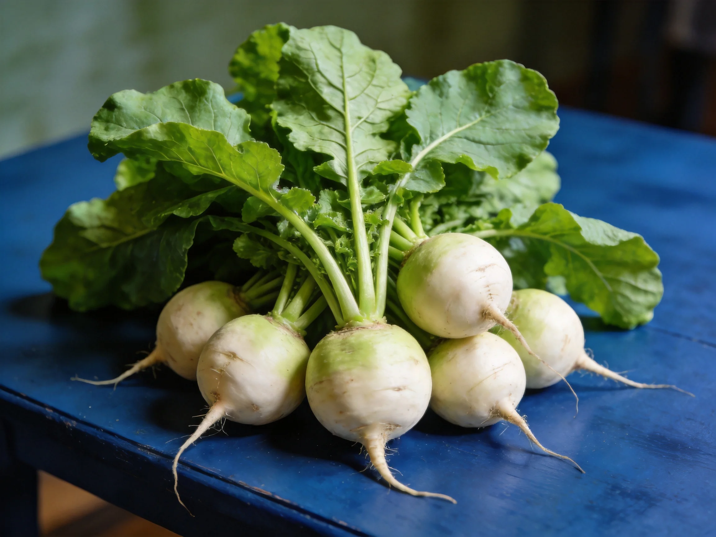 Six fresh turnips with vibrant green foliage placed on a deep blue wooden table