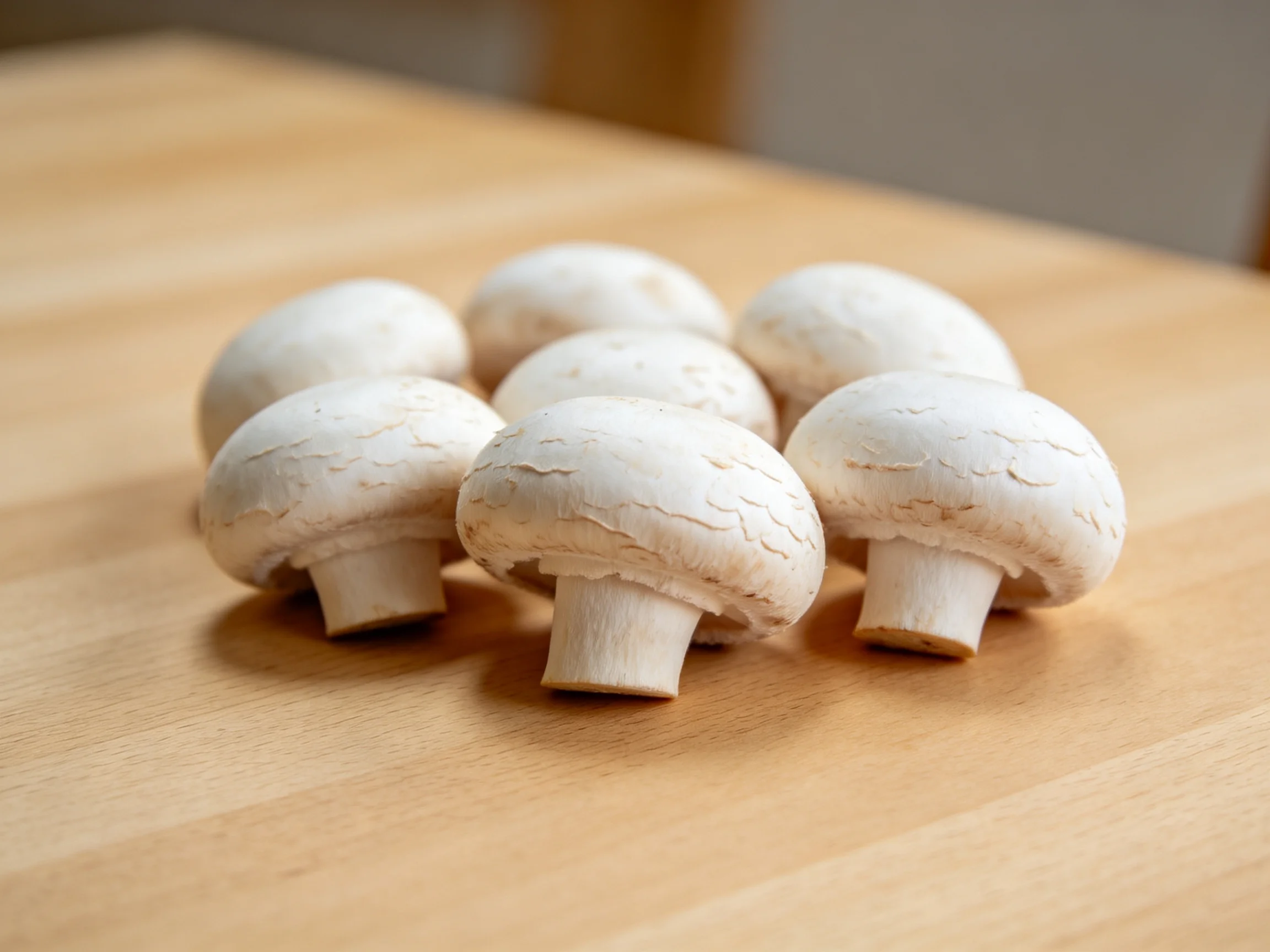 Six fresh white button mushrooms arranged on a light brown wooden surface