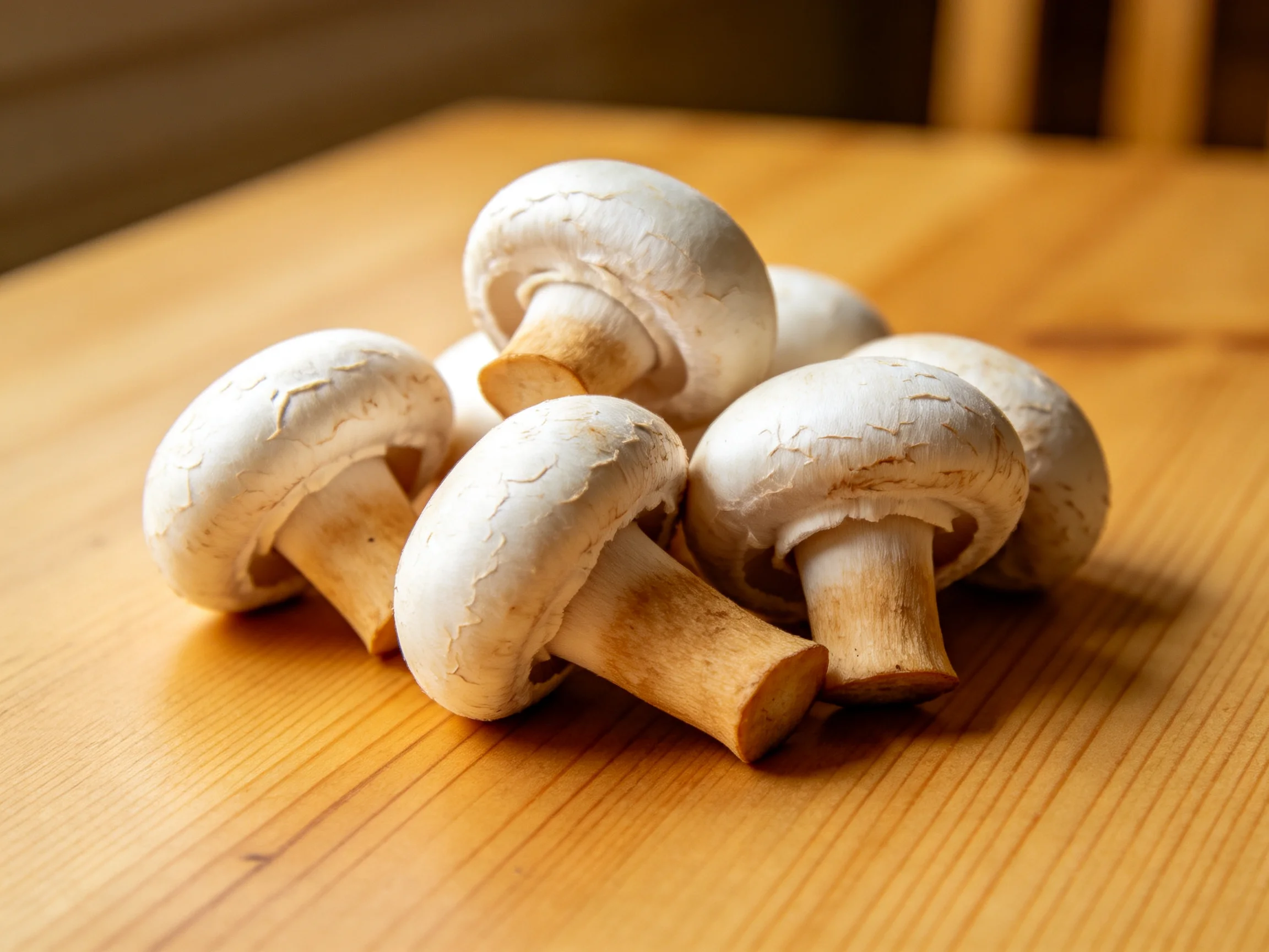 Six fresh white button mushrooms arranged on a polished wooden surface