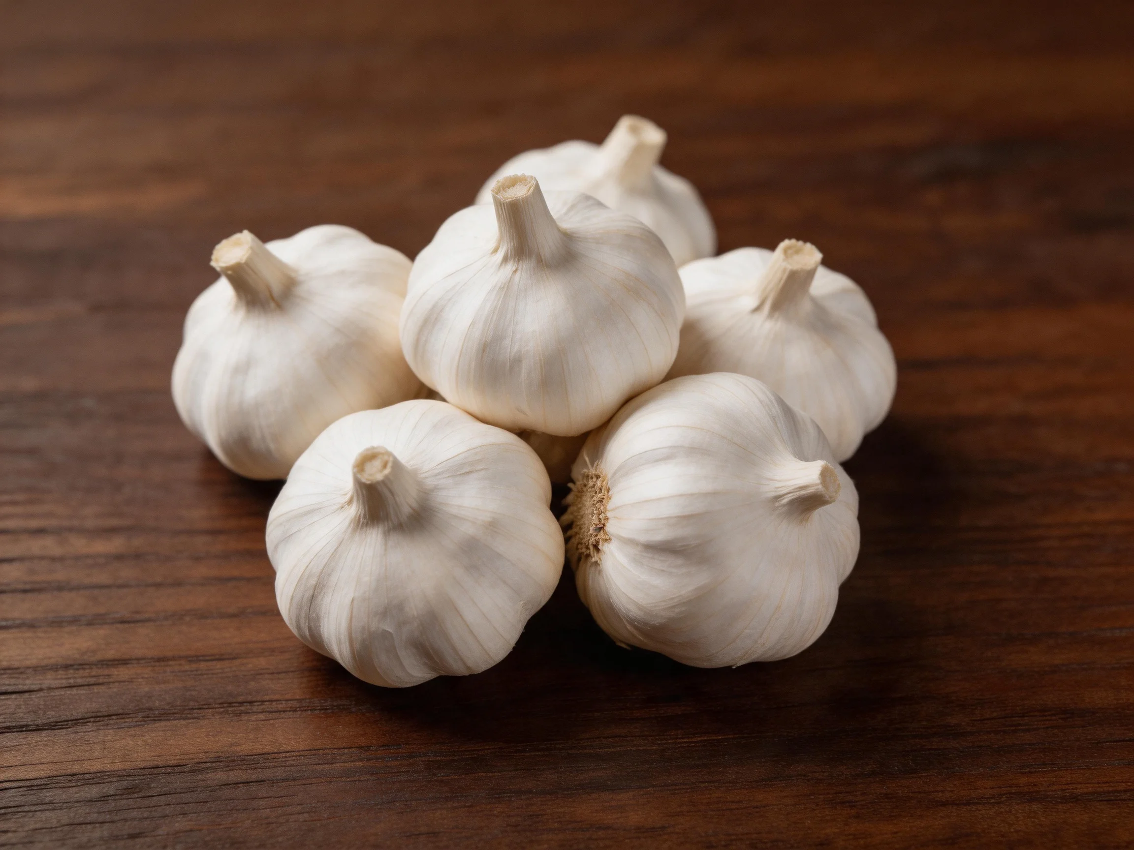 Six fresh white garlic bulbs arranged on a polished brown wooden surface