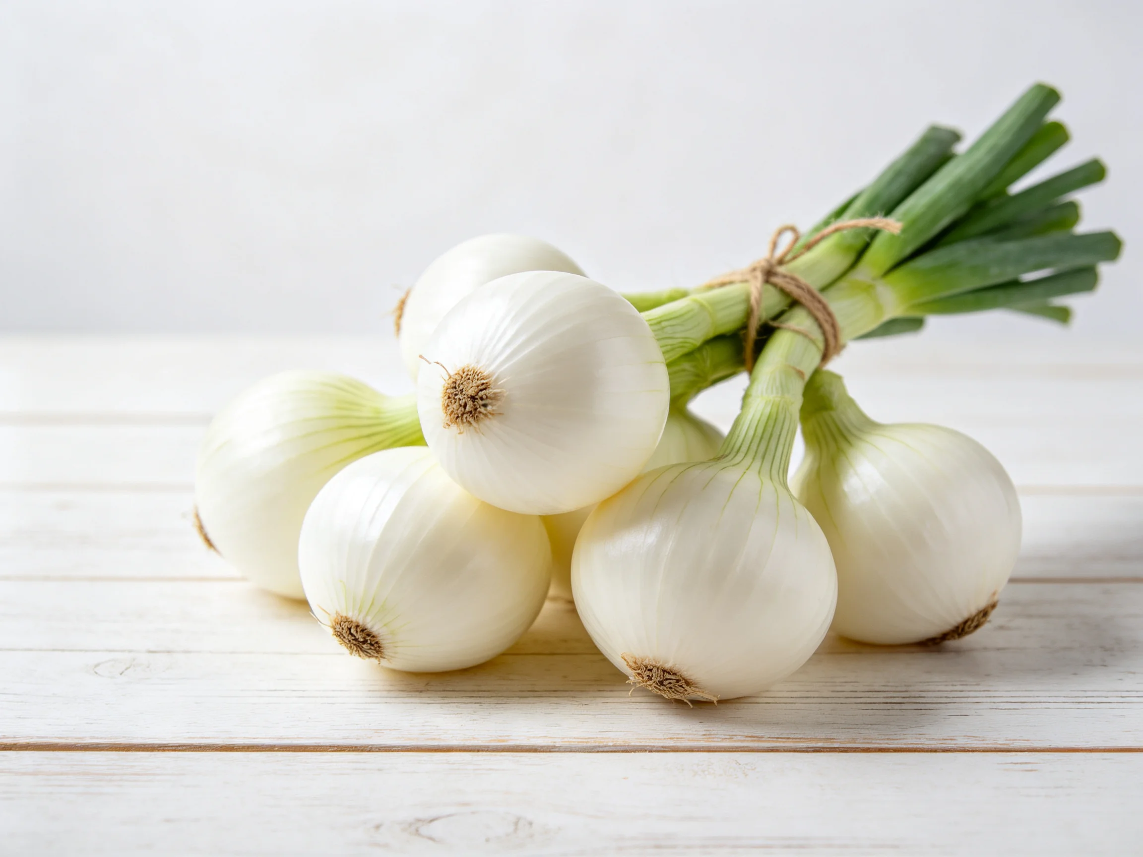 Six fresh white onions bundled with green stems on a light wooden surface