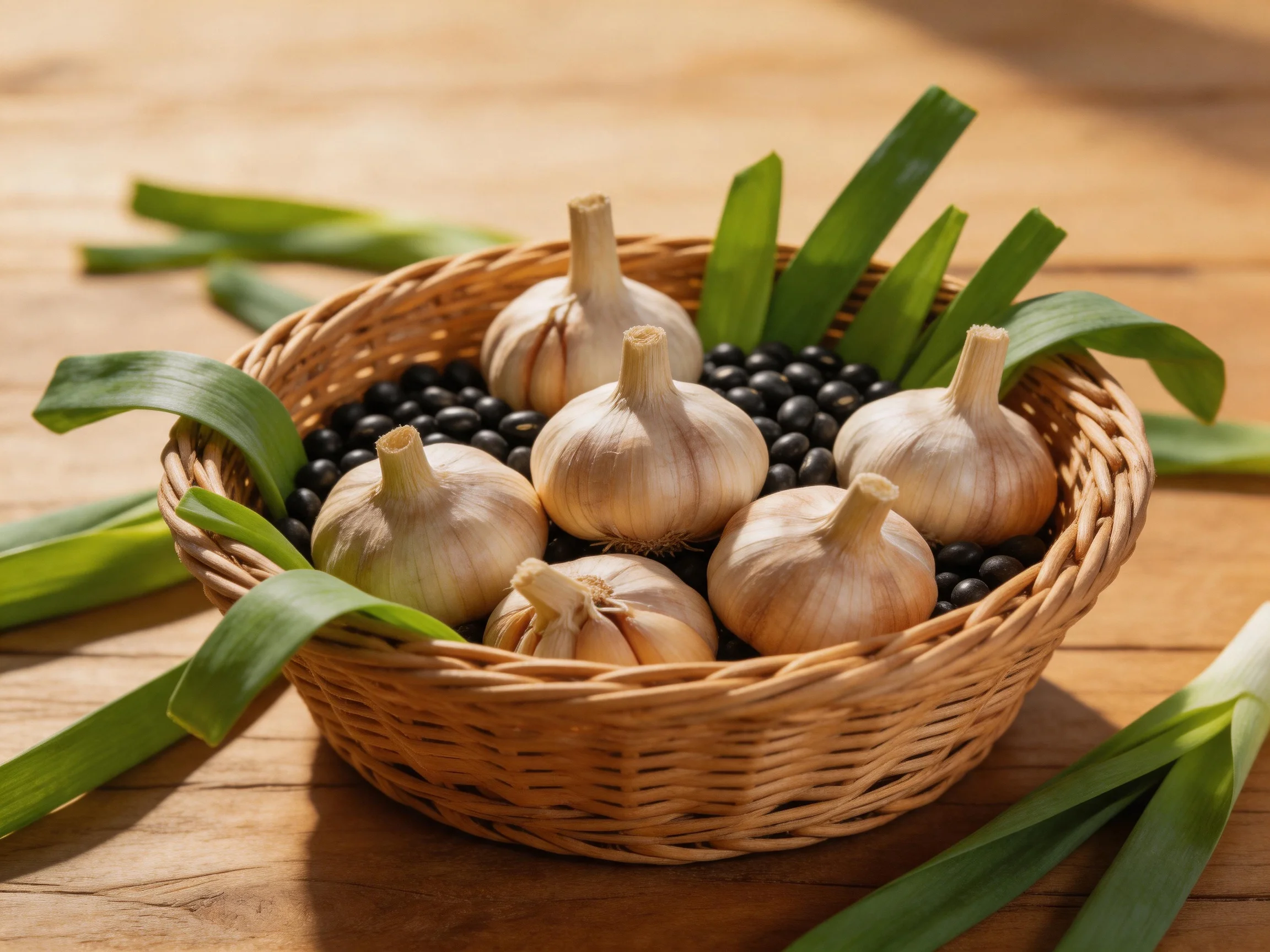 Six garlic bulbs, black beans, and green leaves in a wicker basket
