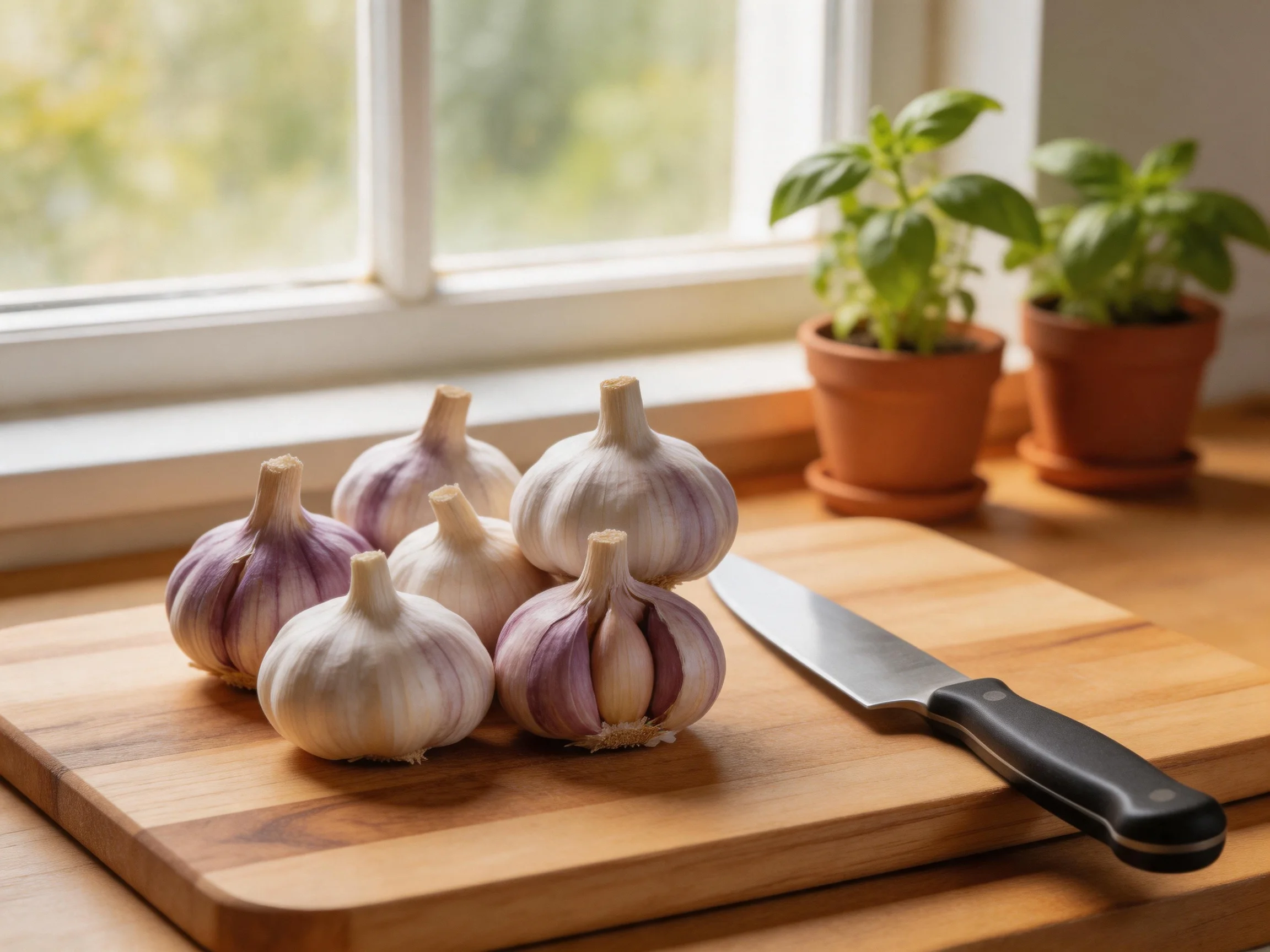 Six garlic bulbs on a wooden cutting board with a chefs knife, near two potted basil plants by a sunl