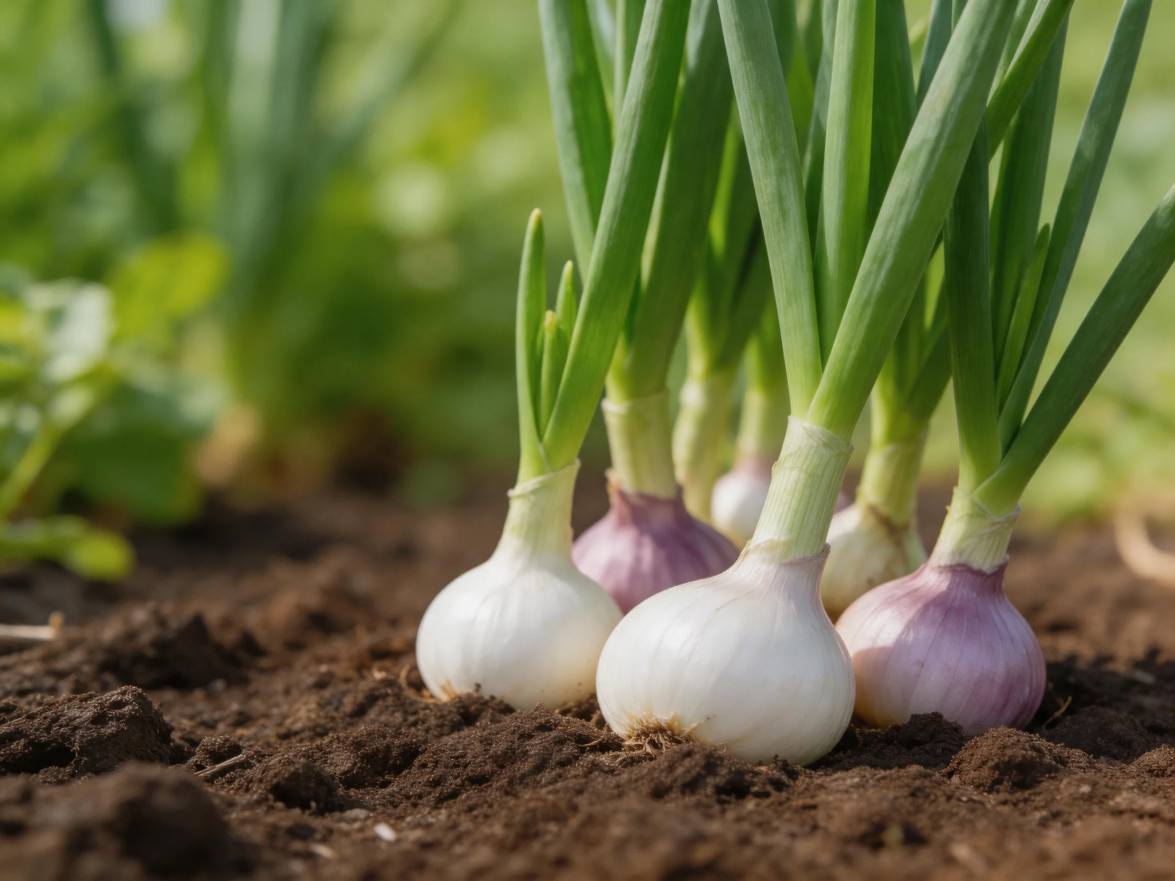 Six garlic bulbs with green stems growing in dark, fertile soil
