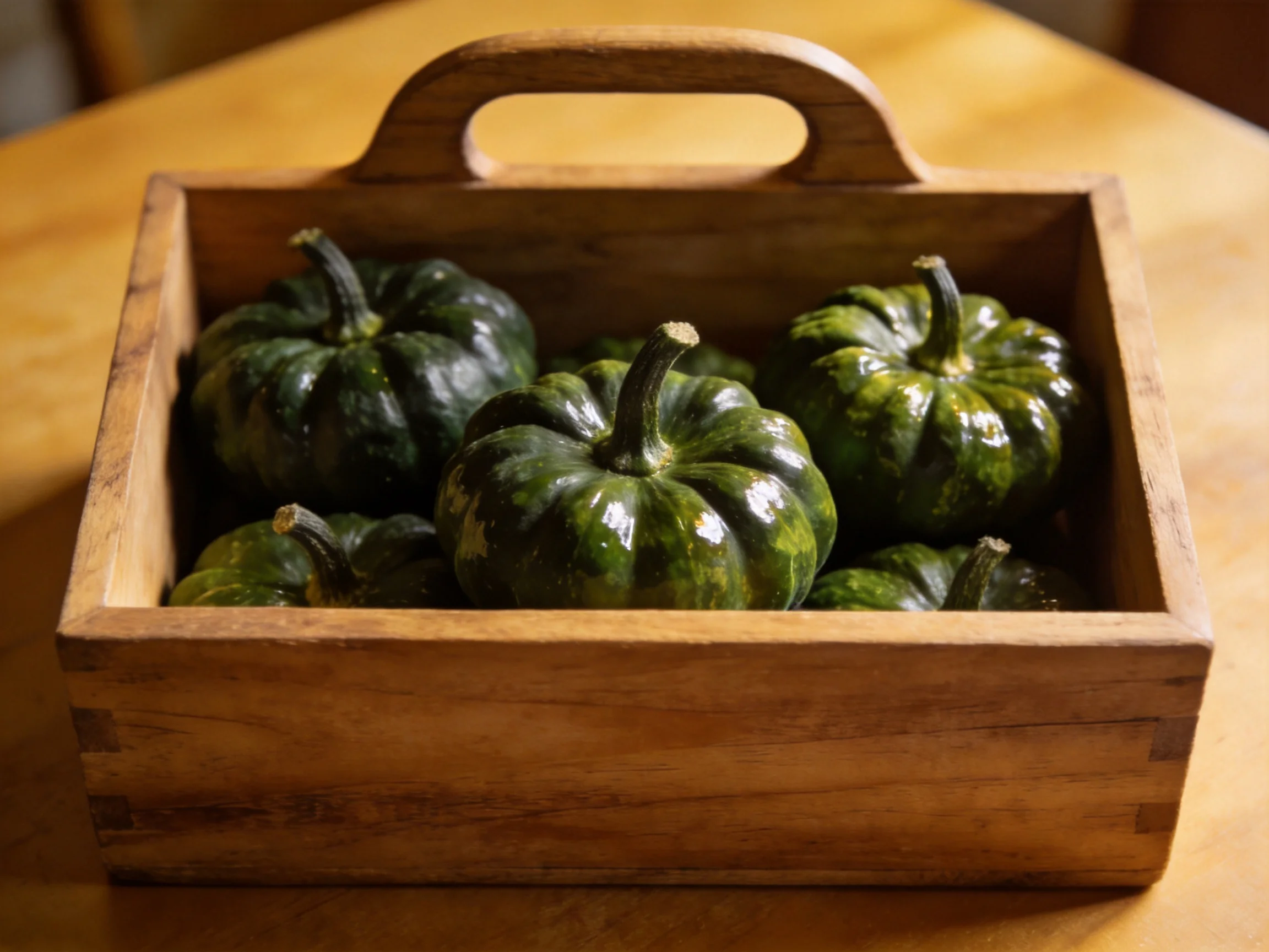 Six glossy dark green squashes arranged in a rustic wooden crate