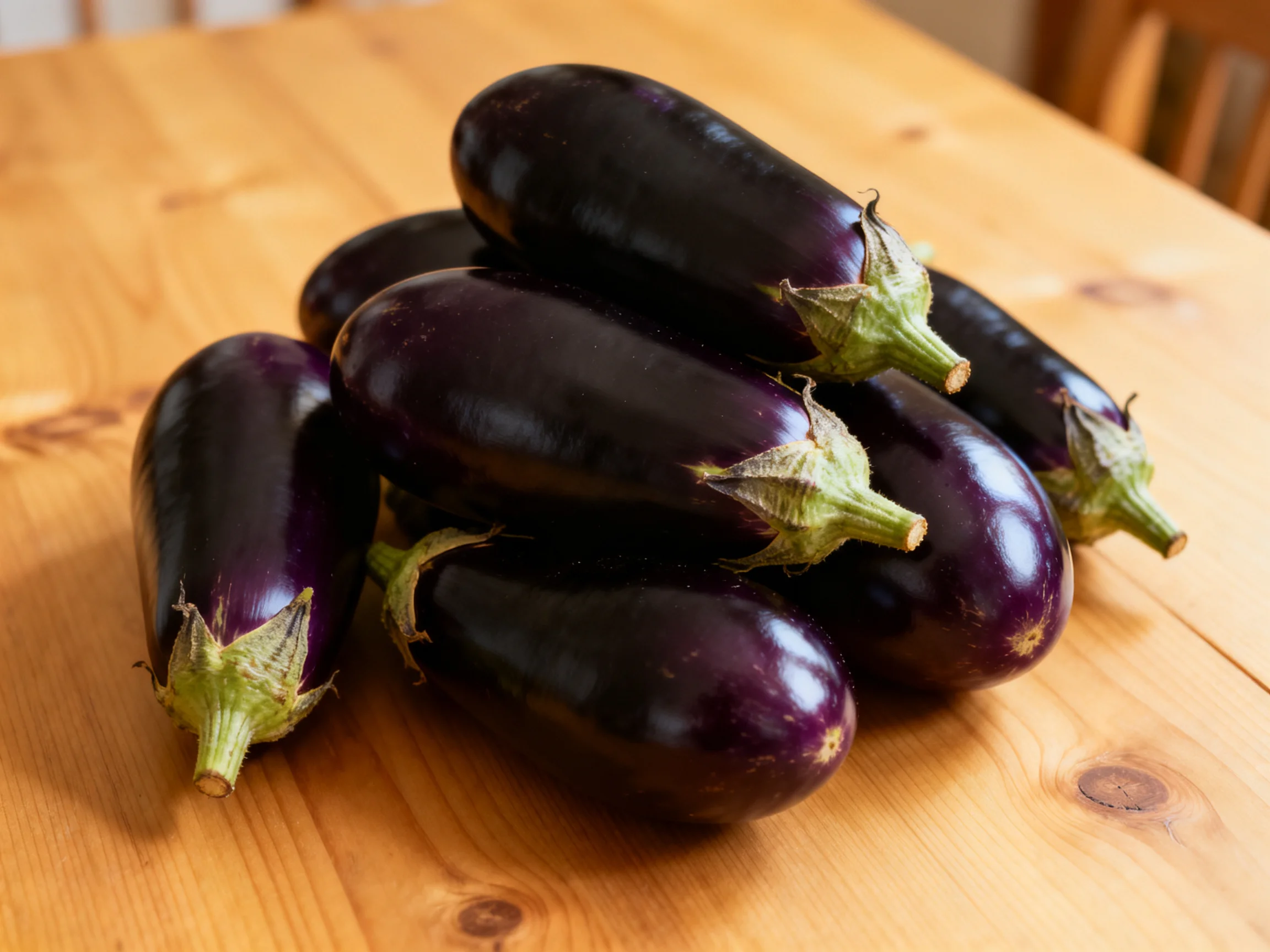 Six glossy dark purple eggplants arranged on a wooden table