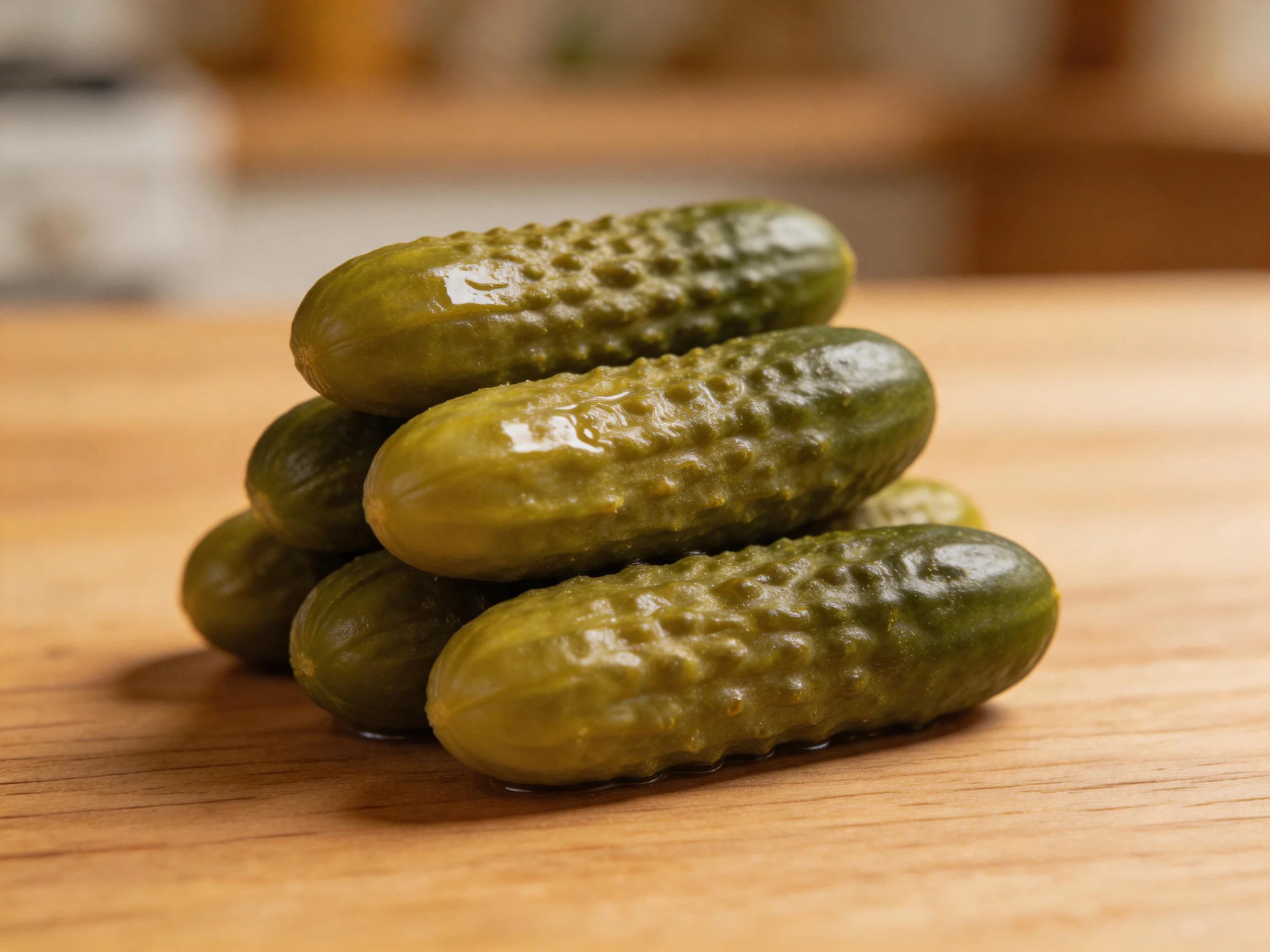Six glossy green pickles stacked in a pyramid