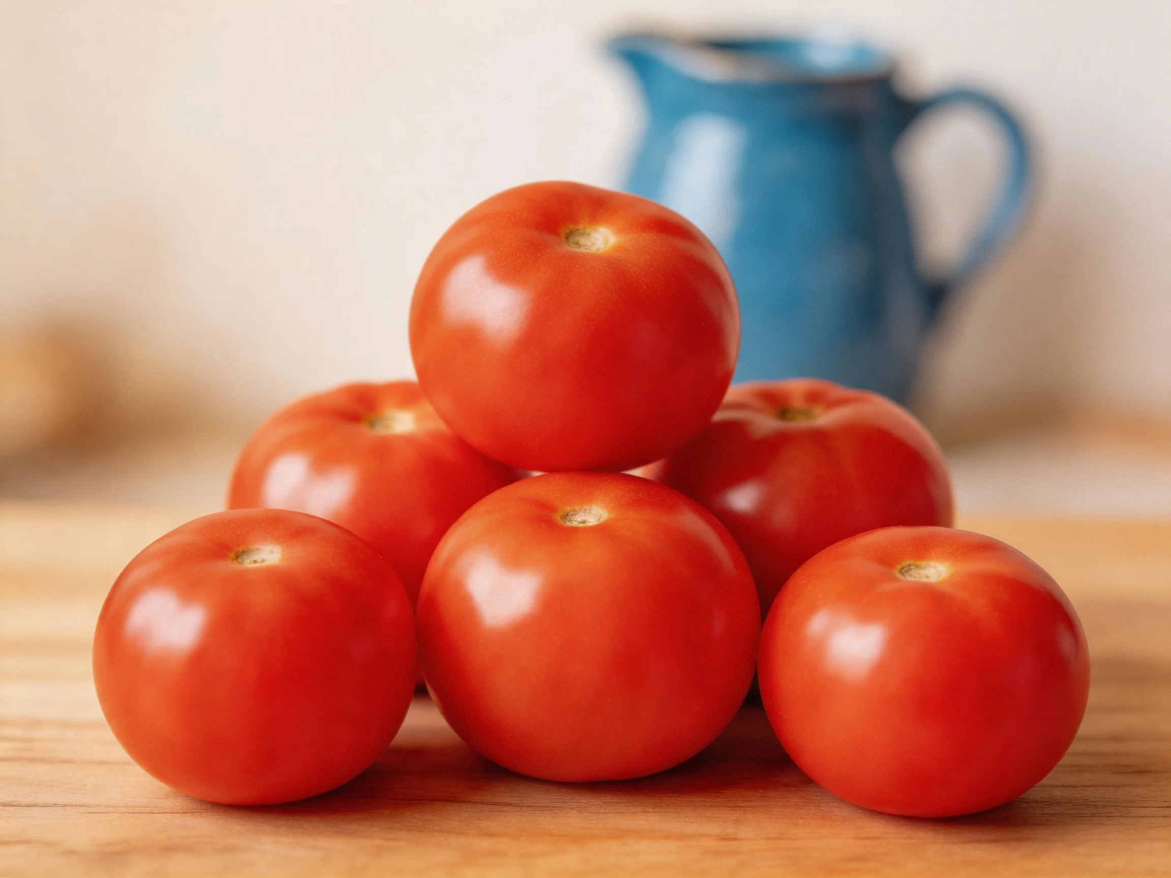 Six glossy red tomatoes stacked in a pyramid on a wooden surface with a blue pitcher