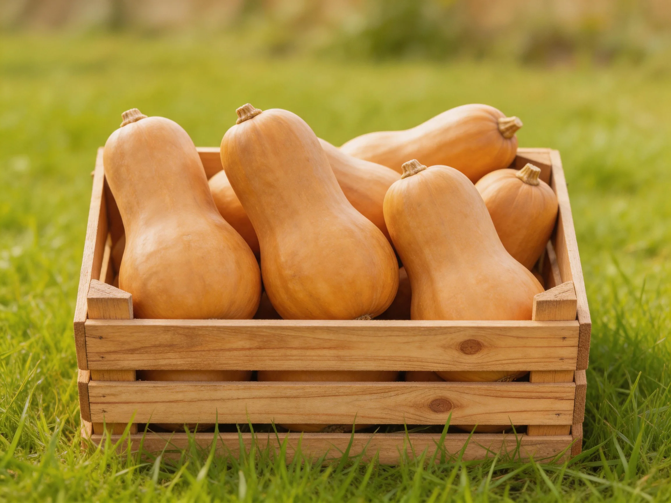 Six golden butternut squashes in a wooden crate on green grass