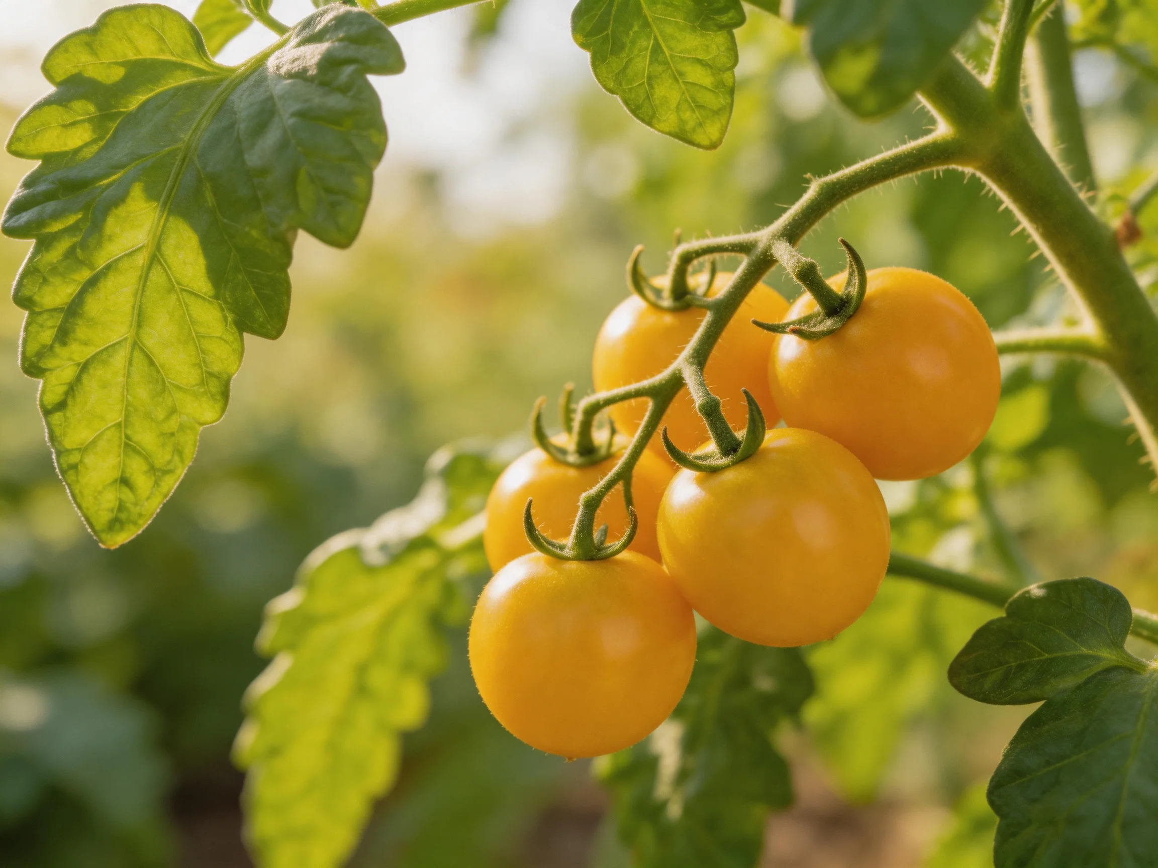 Six golden cherry tomatoes cluster on a tomato vine with lush green leaves