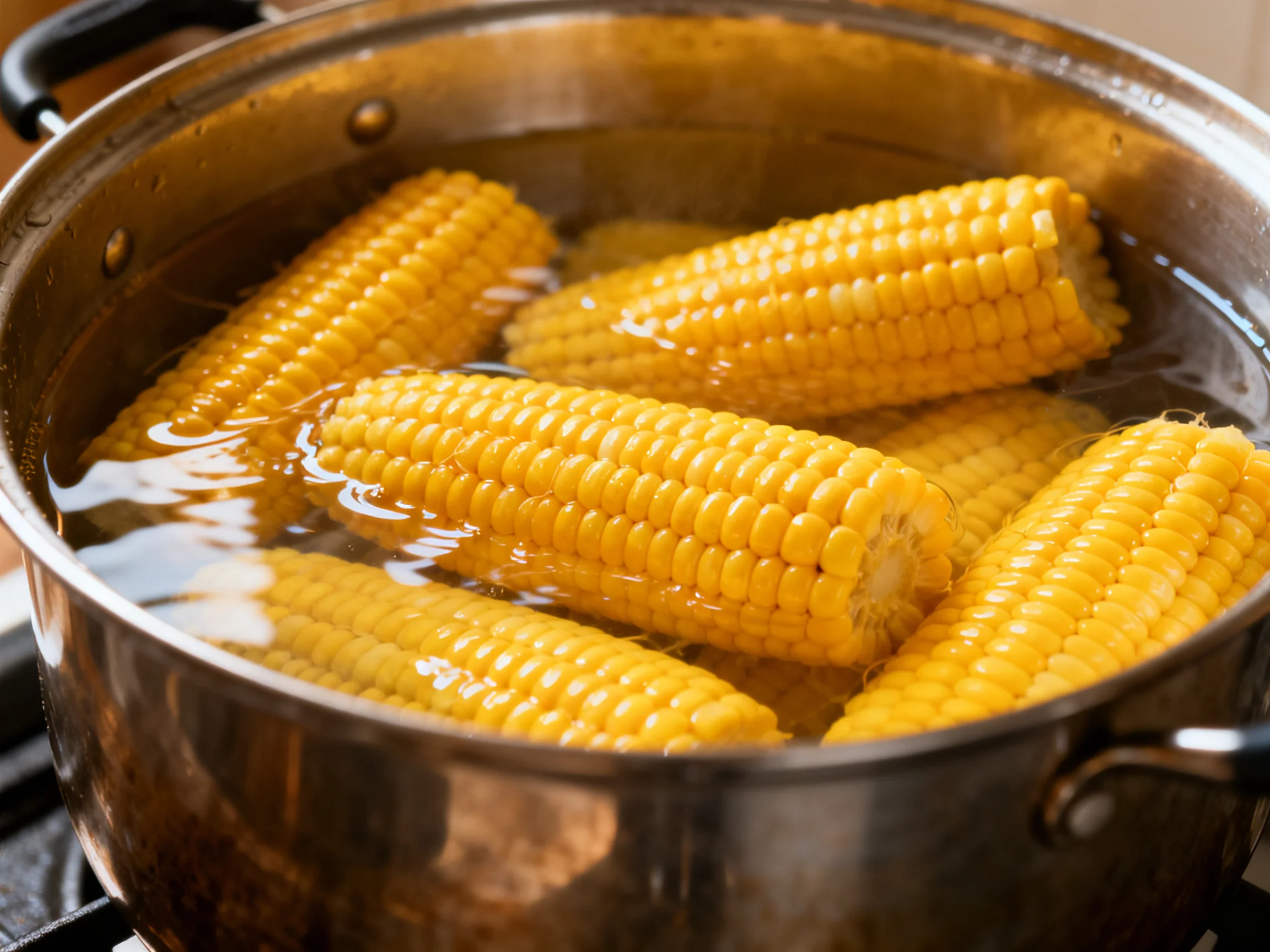 Six golden corn cobs boiling in a stainless steel pot