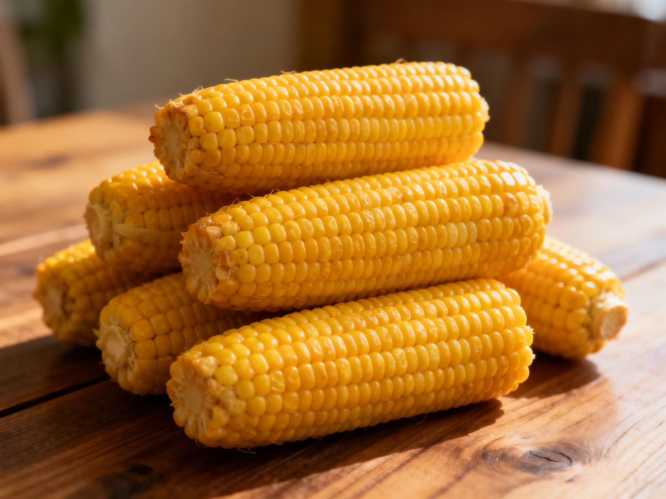 Six golden corn cobs stacked on a rustic wooden table
