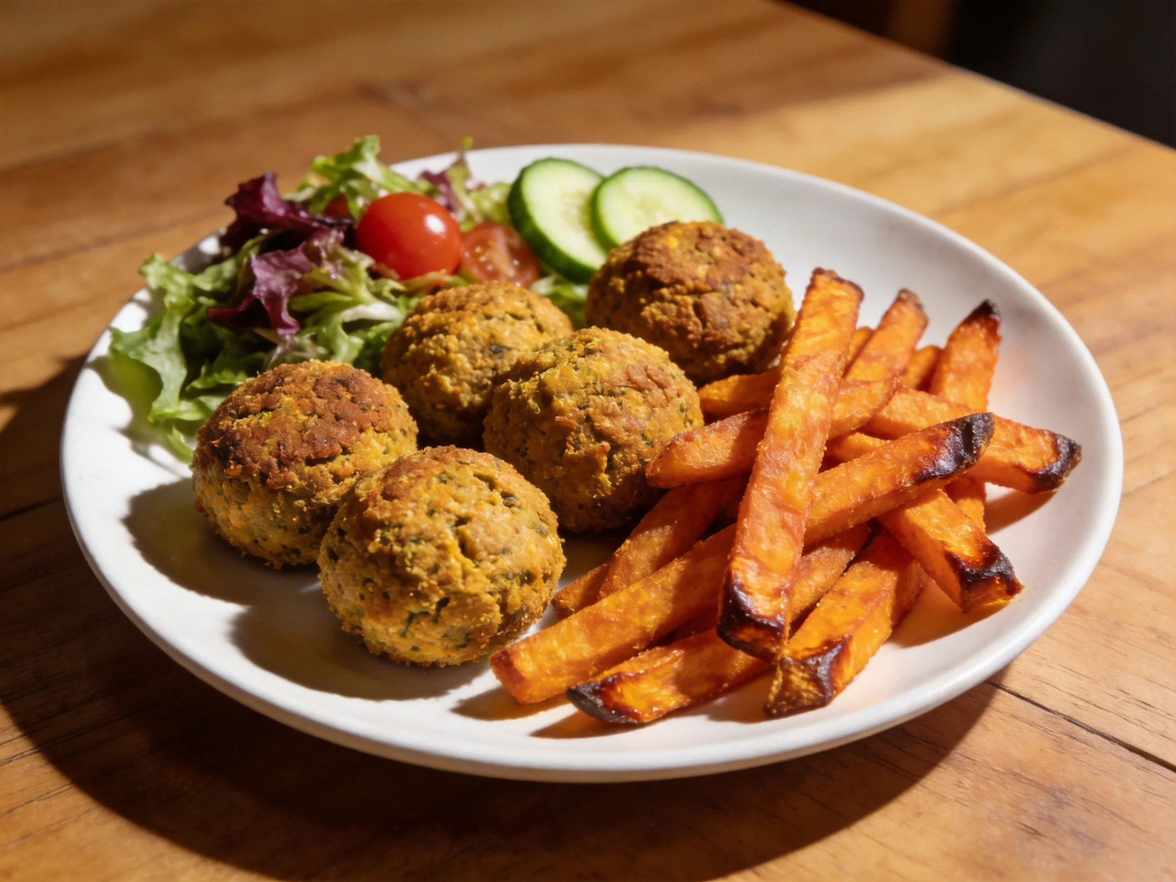 Six golden falafel balls served with sweet potato fries and mixed greens