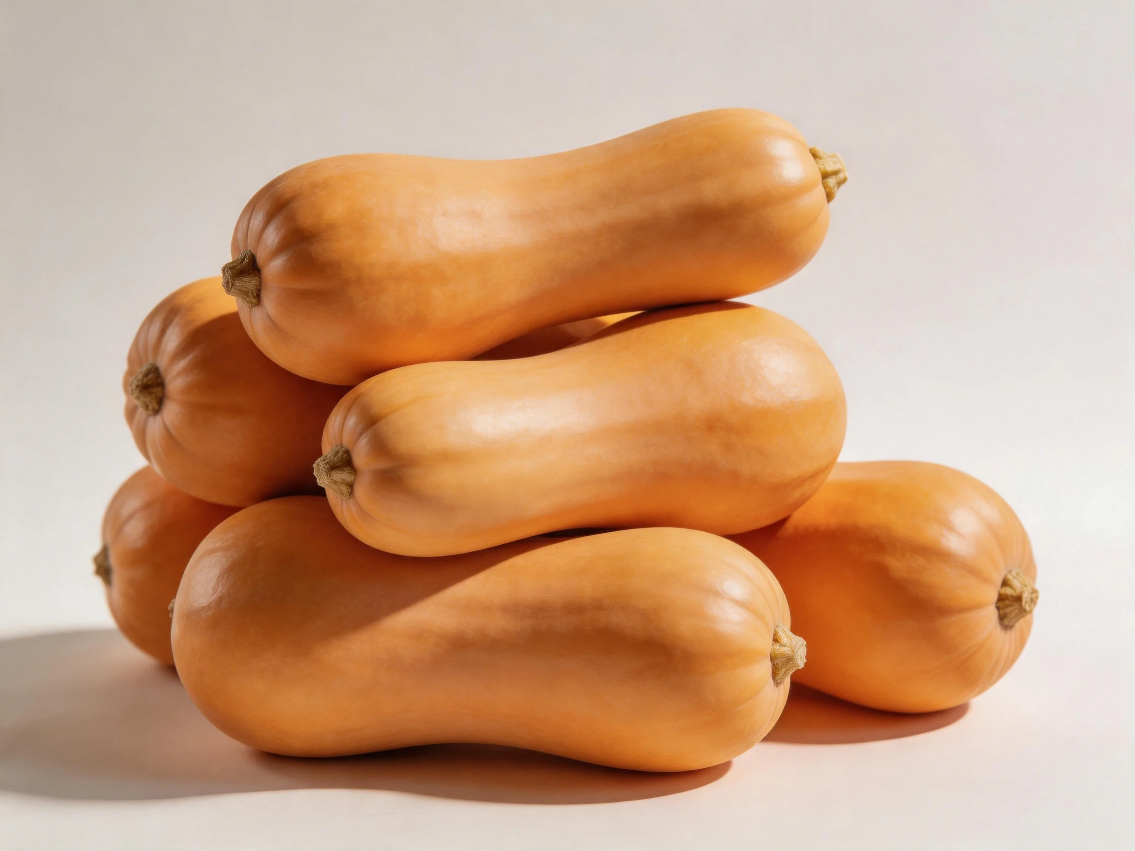 Six golden-hued butternut squashes arranged in a pyramid formation
