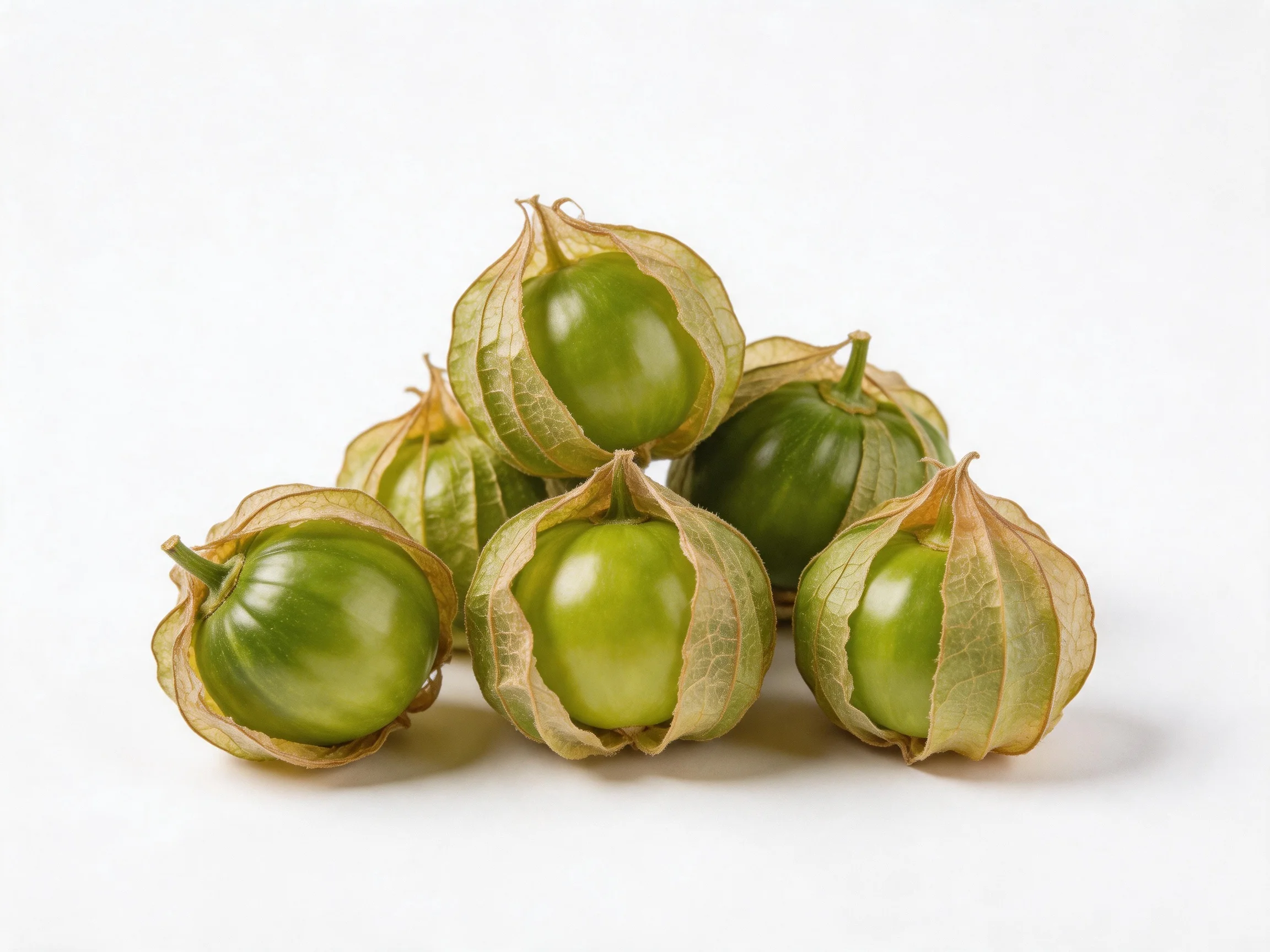 Six green fruits enclosed in papery husks clustered together