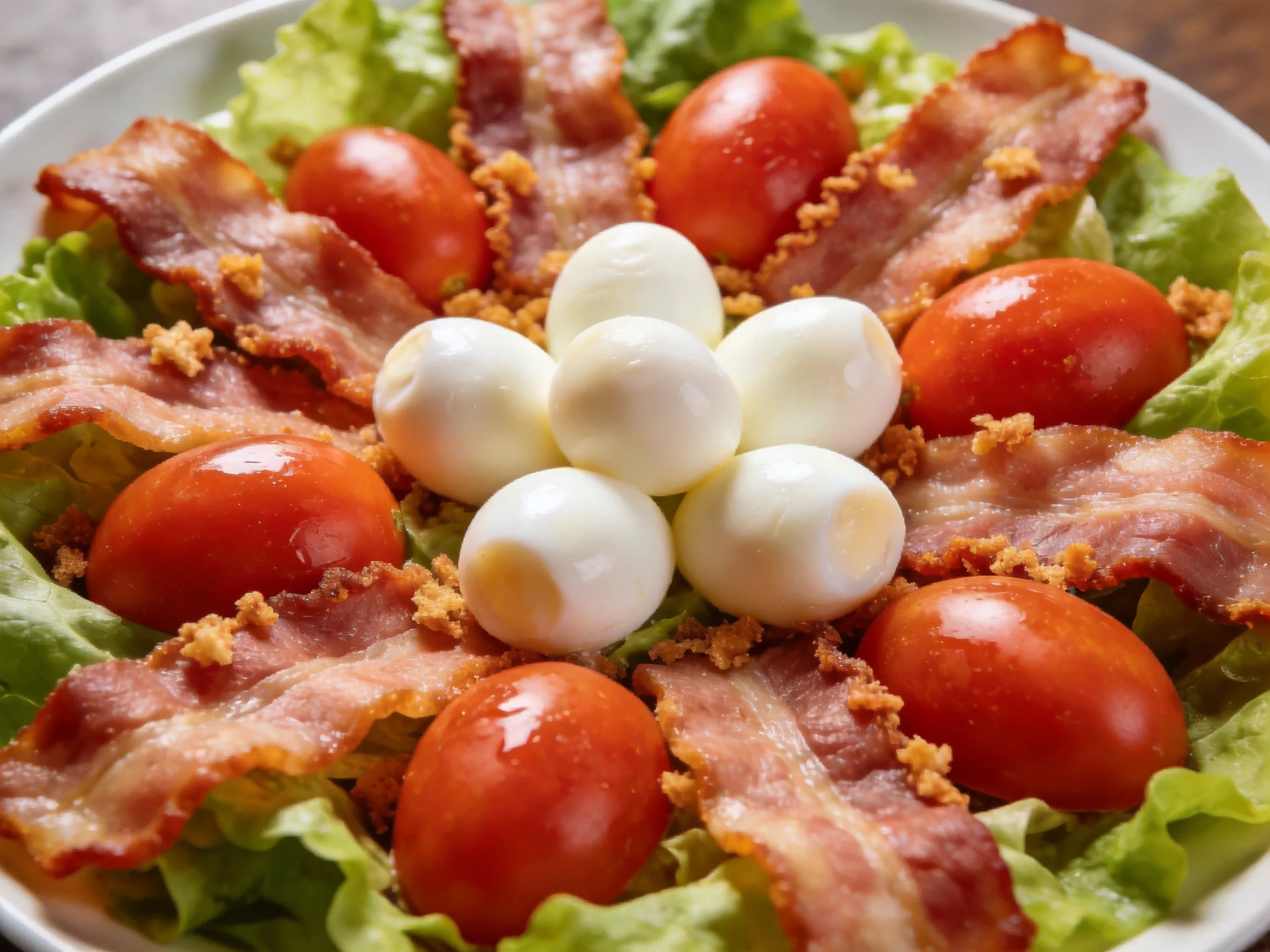 Six hard-boiled eggs centered among six cherry tomatoes and crispy bacon strips on fresh lettuce
