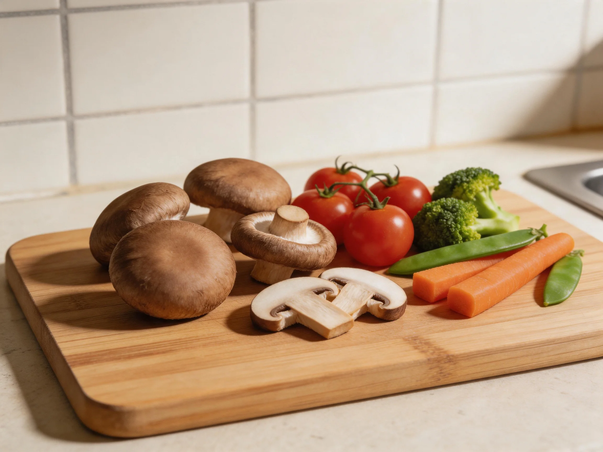 Six mushrooms, cherry tomatoes, broccoli, carrot sticks, and snap peas on a woodencutting board