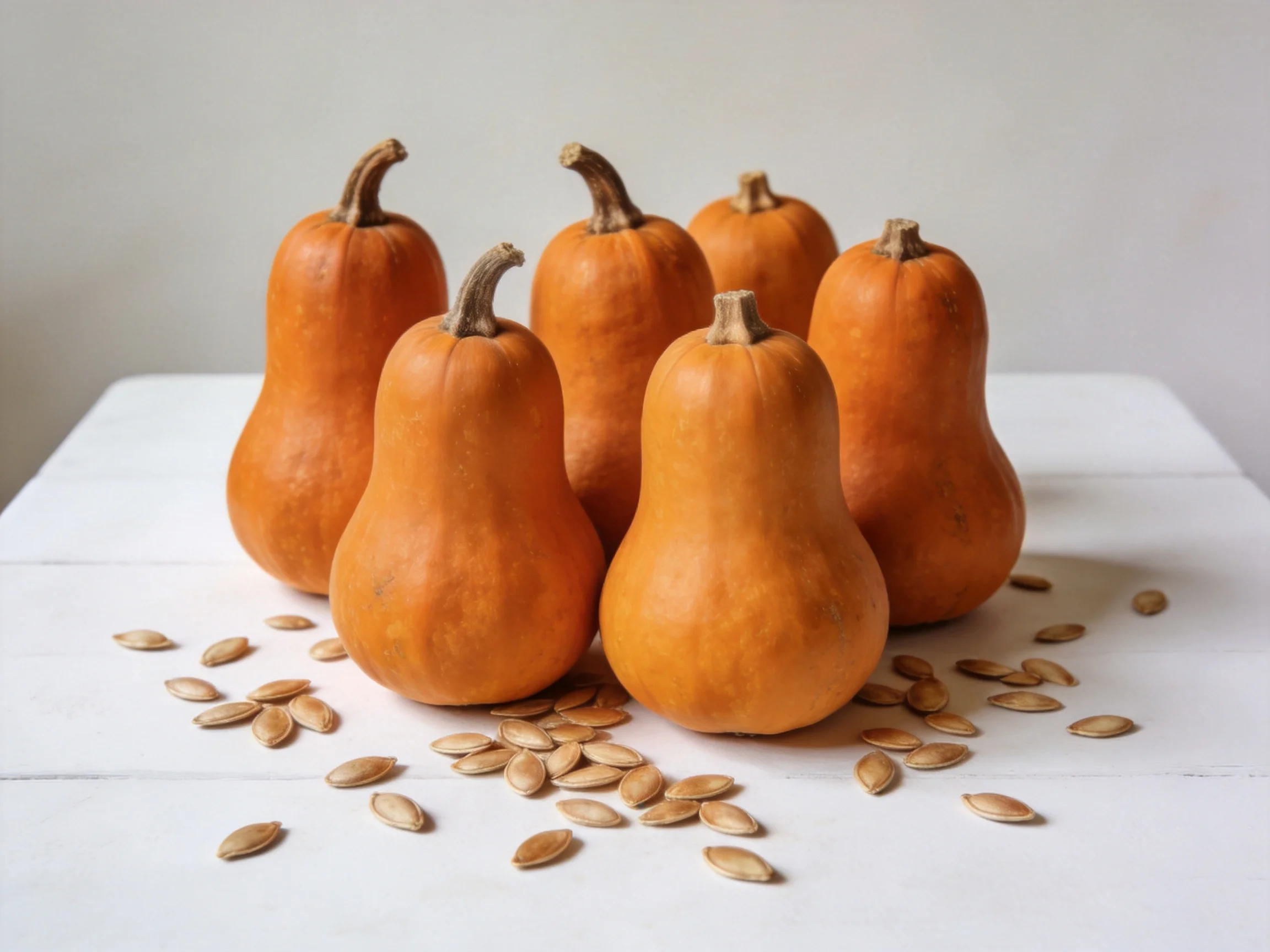 Six orange pear - shaped squashes with scattered seeds on a white table