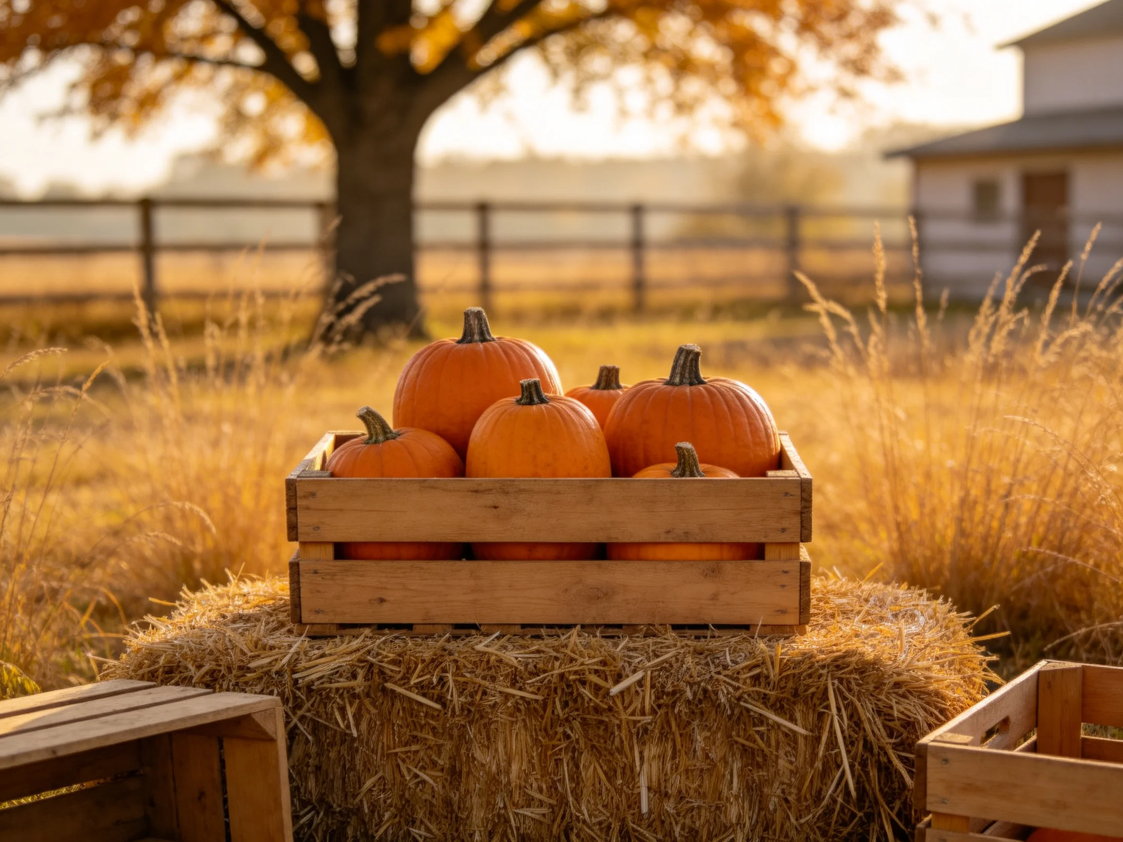 Six orange pumpkins in a wooden crate atop a hay bale in an autumn field