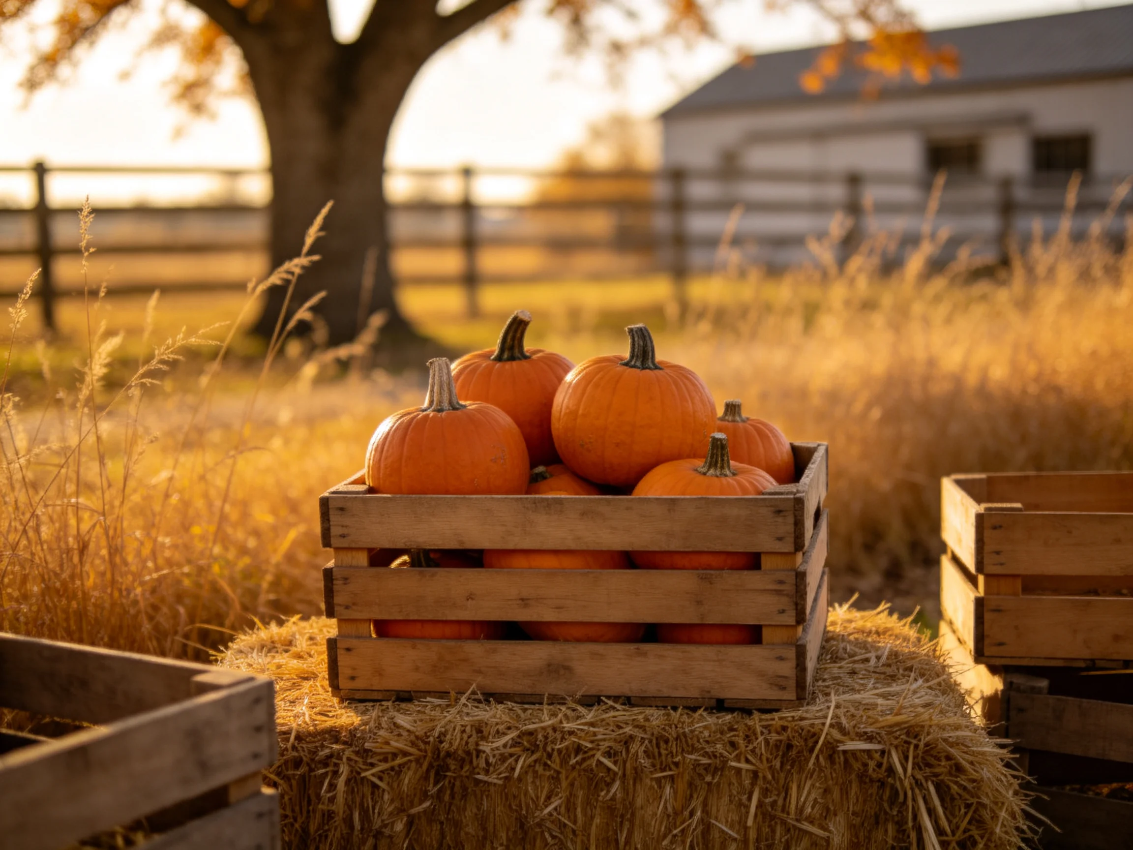 Six orange pumpkins in a wooden crate on hay bales near a farm fence