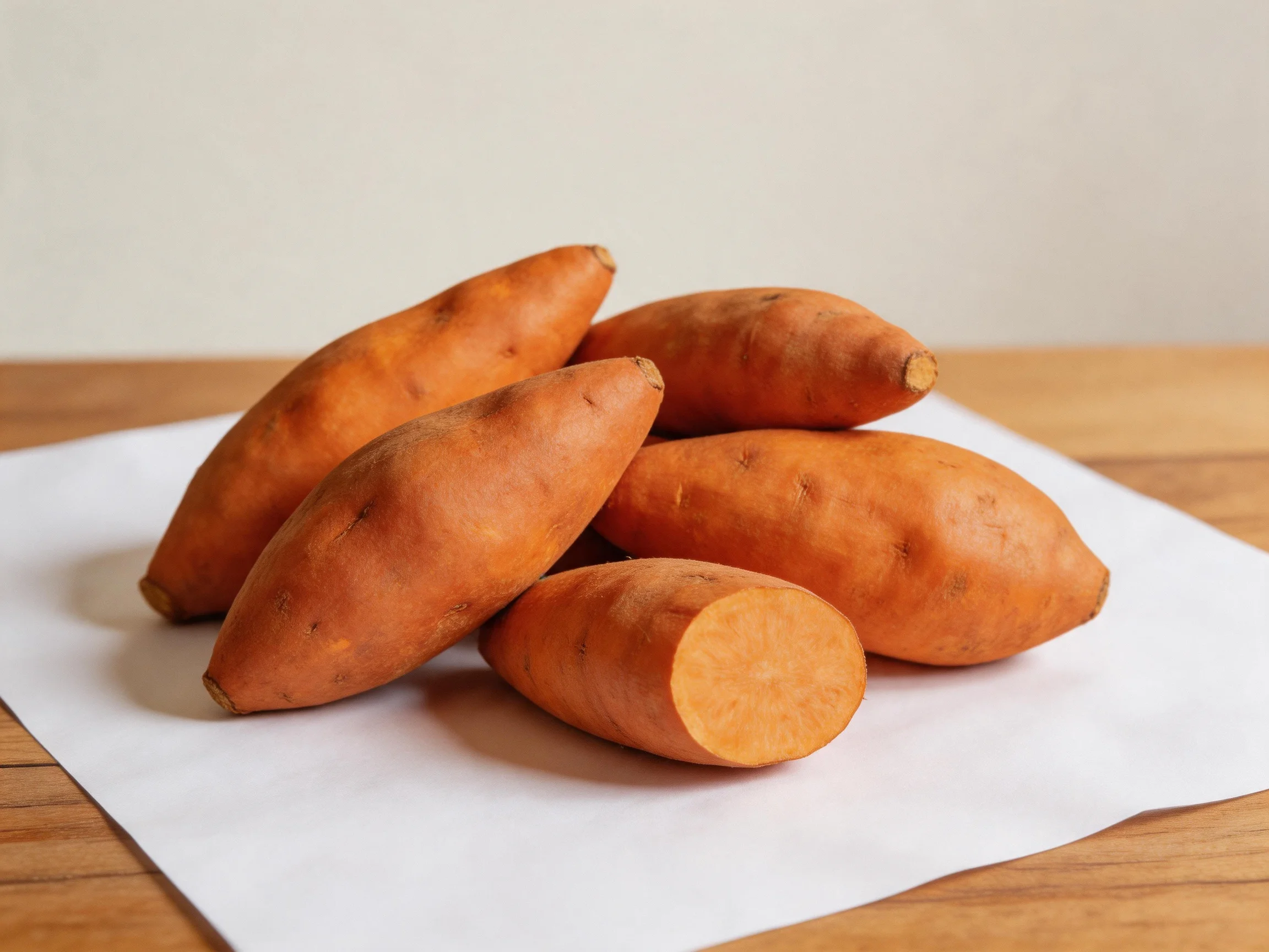 Six orange sweet potatoes arranged on a white paper towel
