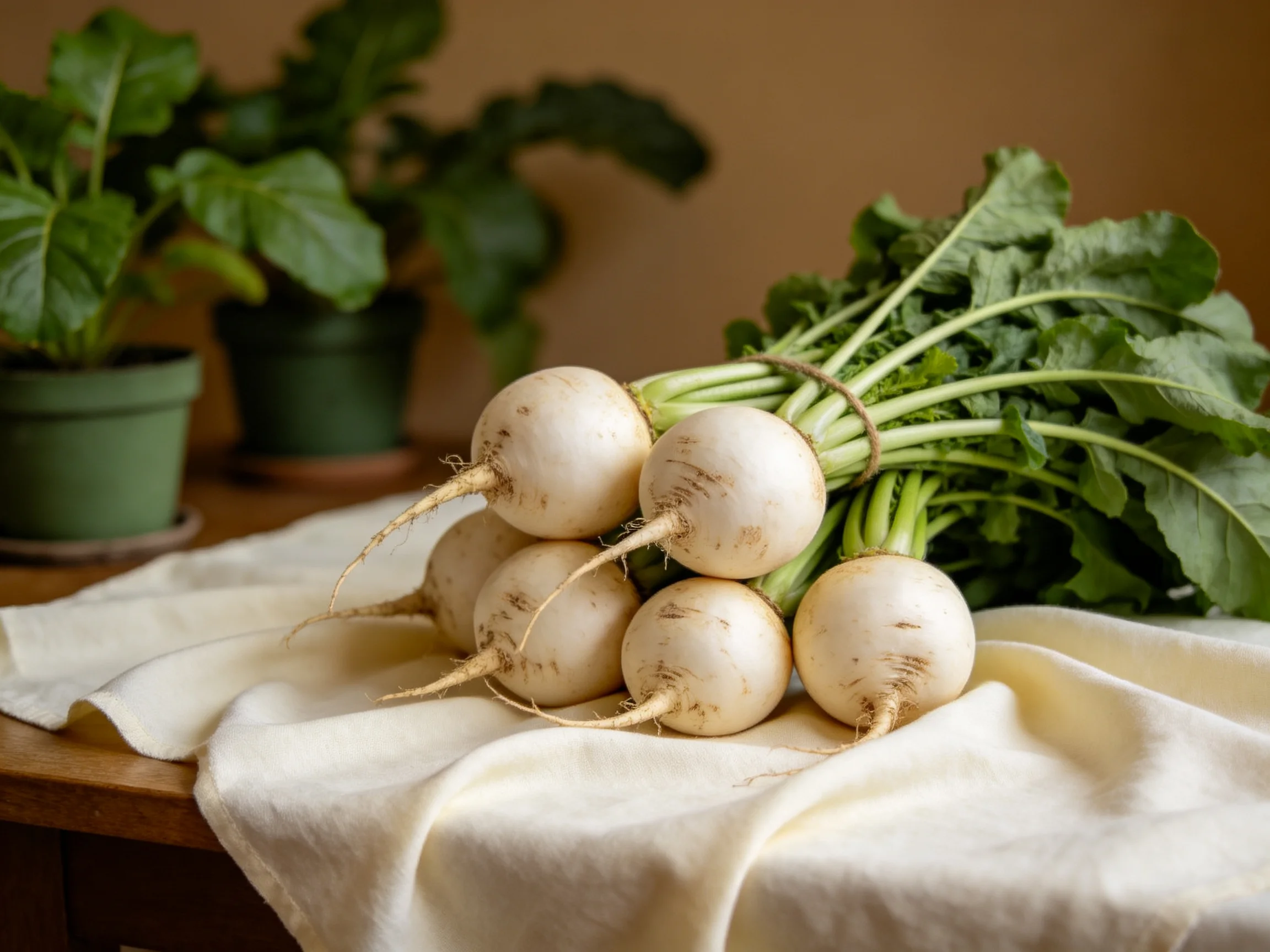 Six pale turnips with green tops on cream fabric