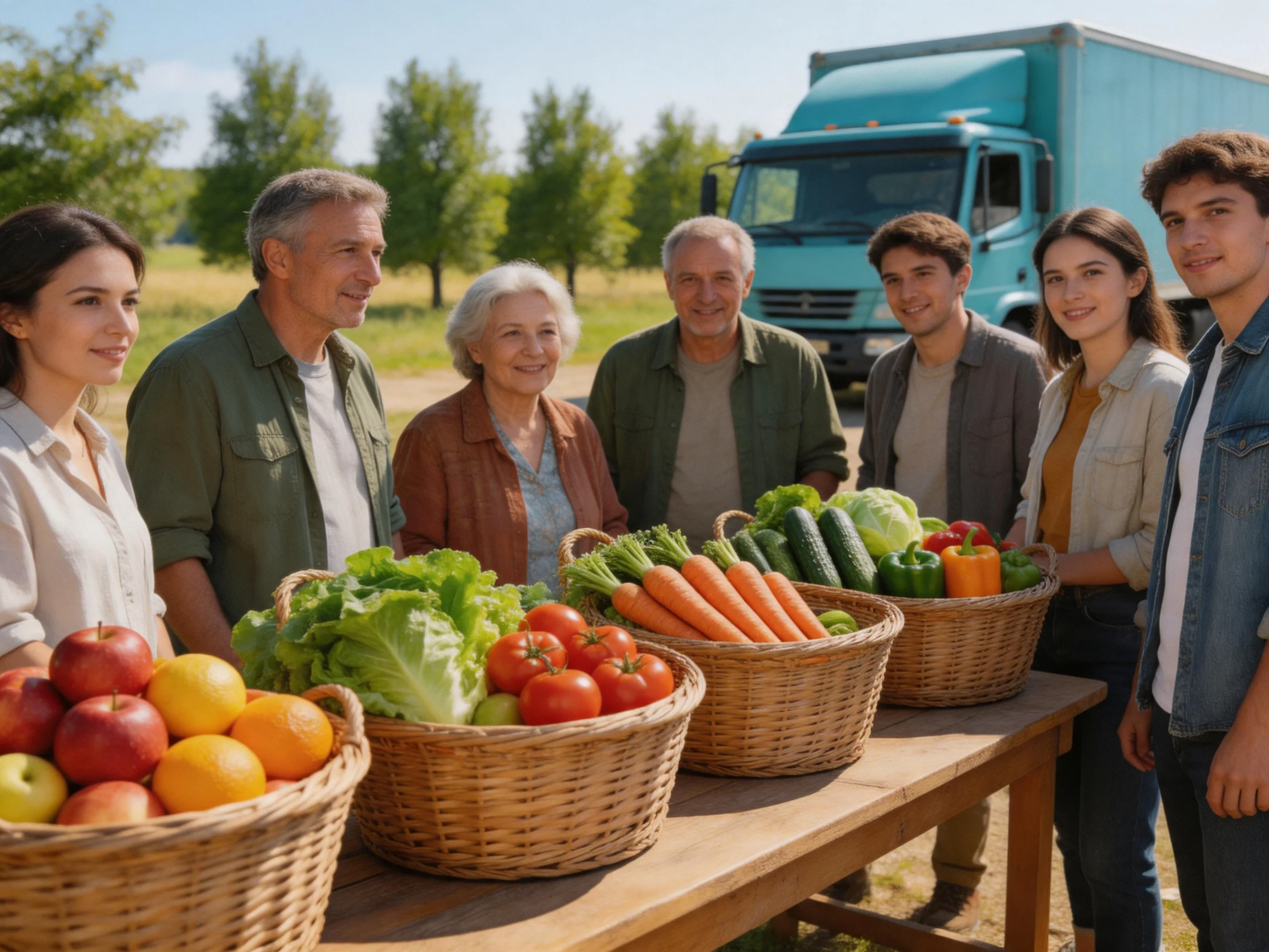 Six people display baskets of colorful farm-fresh produce near a blue delivery truck