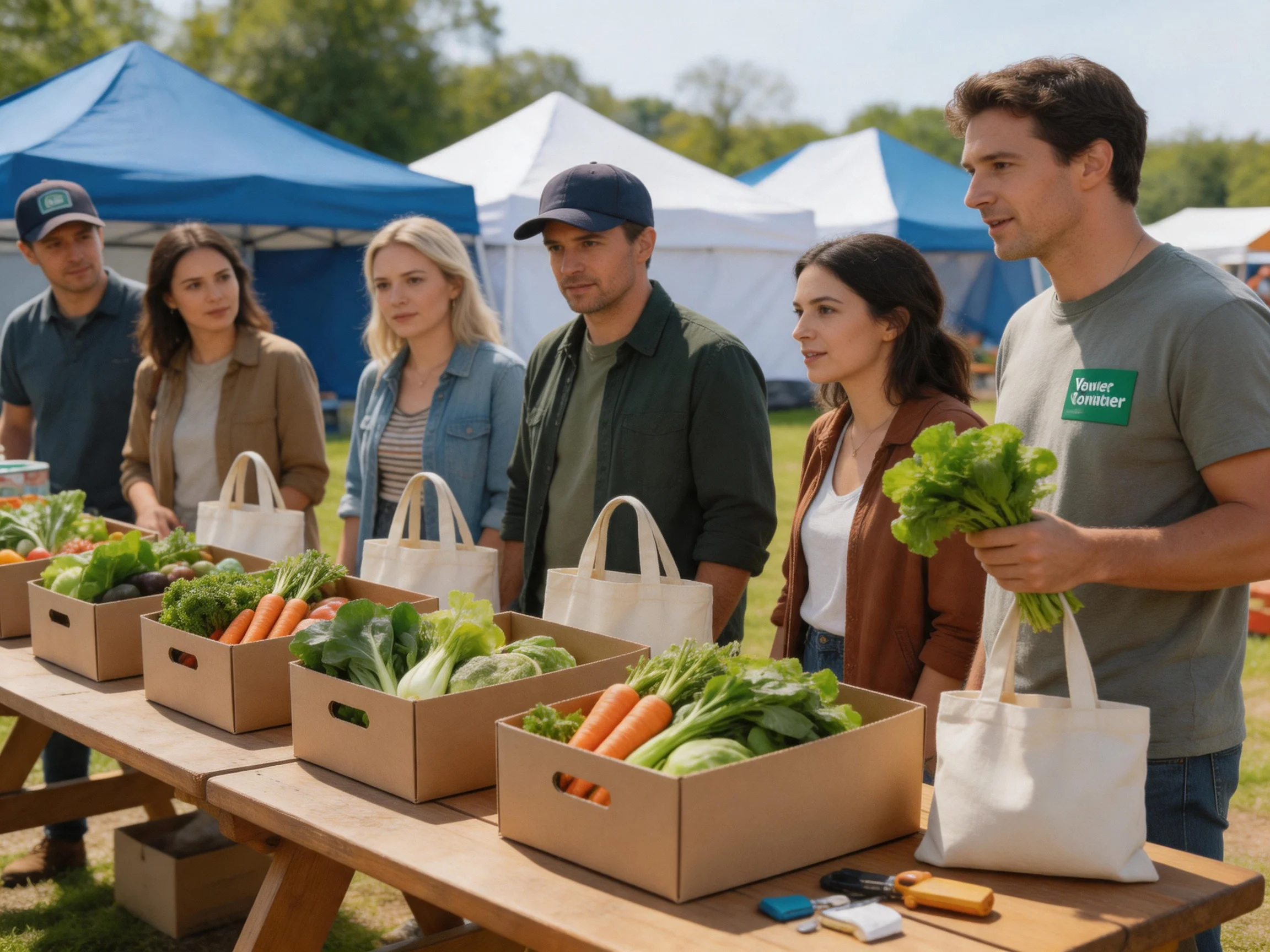 Six people examine vegetable crates at an outdoor market with tents