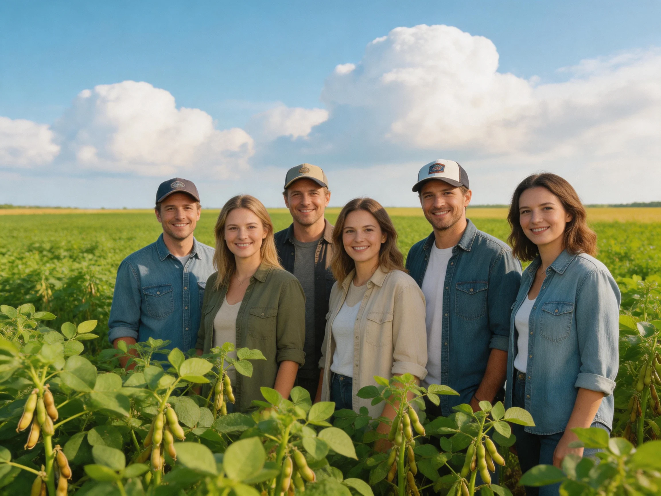 Six people in casual clothing standing among green agricultural plants