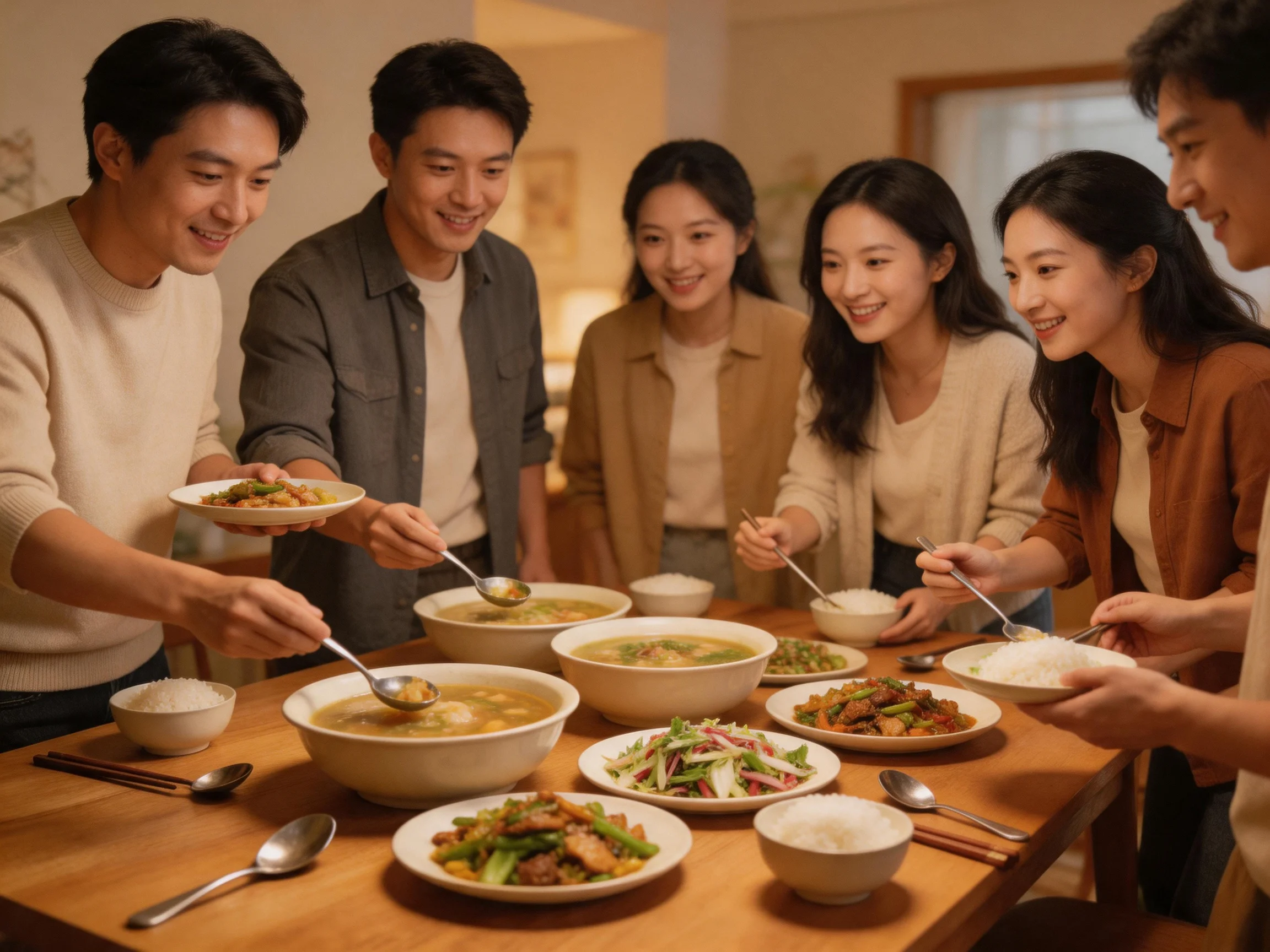 Six people sharing a meal around a wooden dining table with multiple dishes