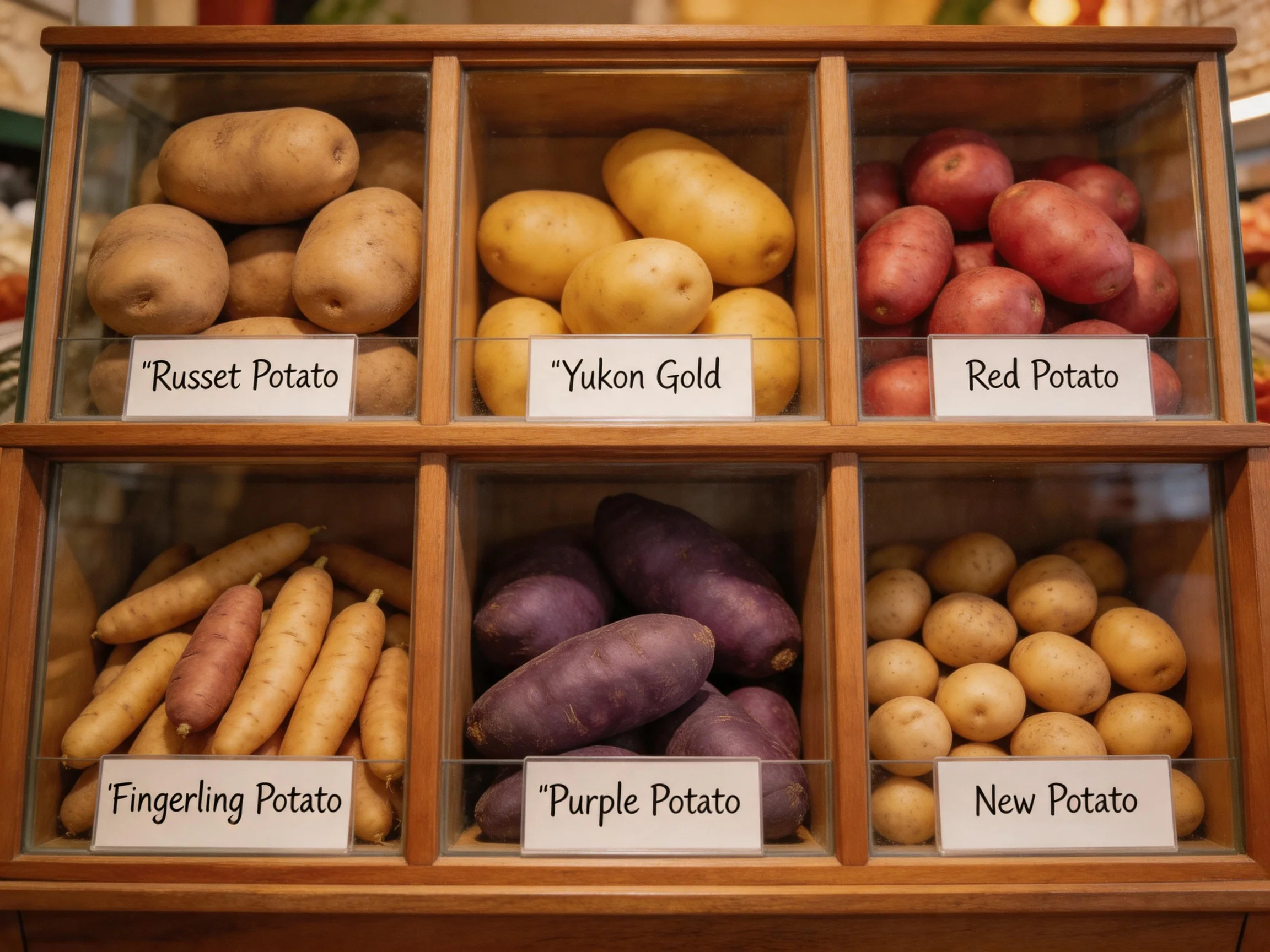 Six potato varieties in wooden display cases with descriptive labels